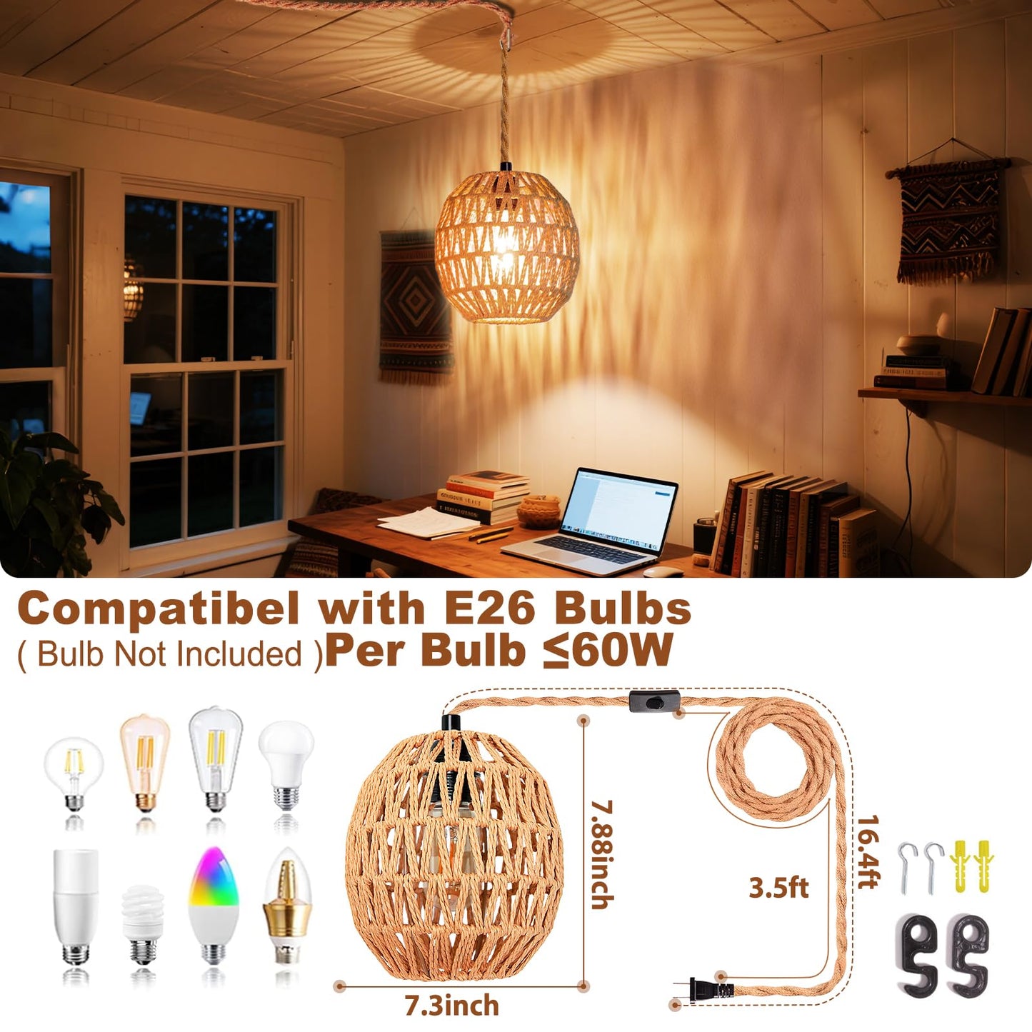 Maliralt Hanging Lamps Rattan Pendant Light Hanging Lights 16.4ft Plug in Cord Pendant Light Fixture Plug Into Wall Outlet Pendant Lighting with On Off Switch for Bedroom Living (Egg Shade)