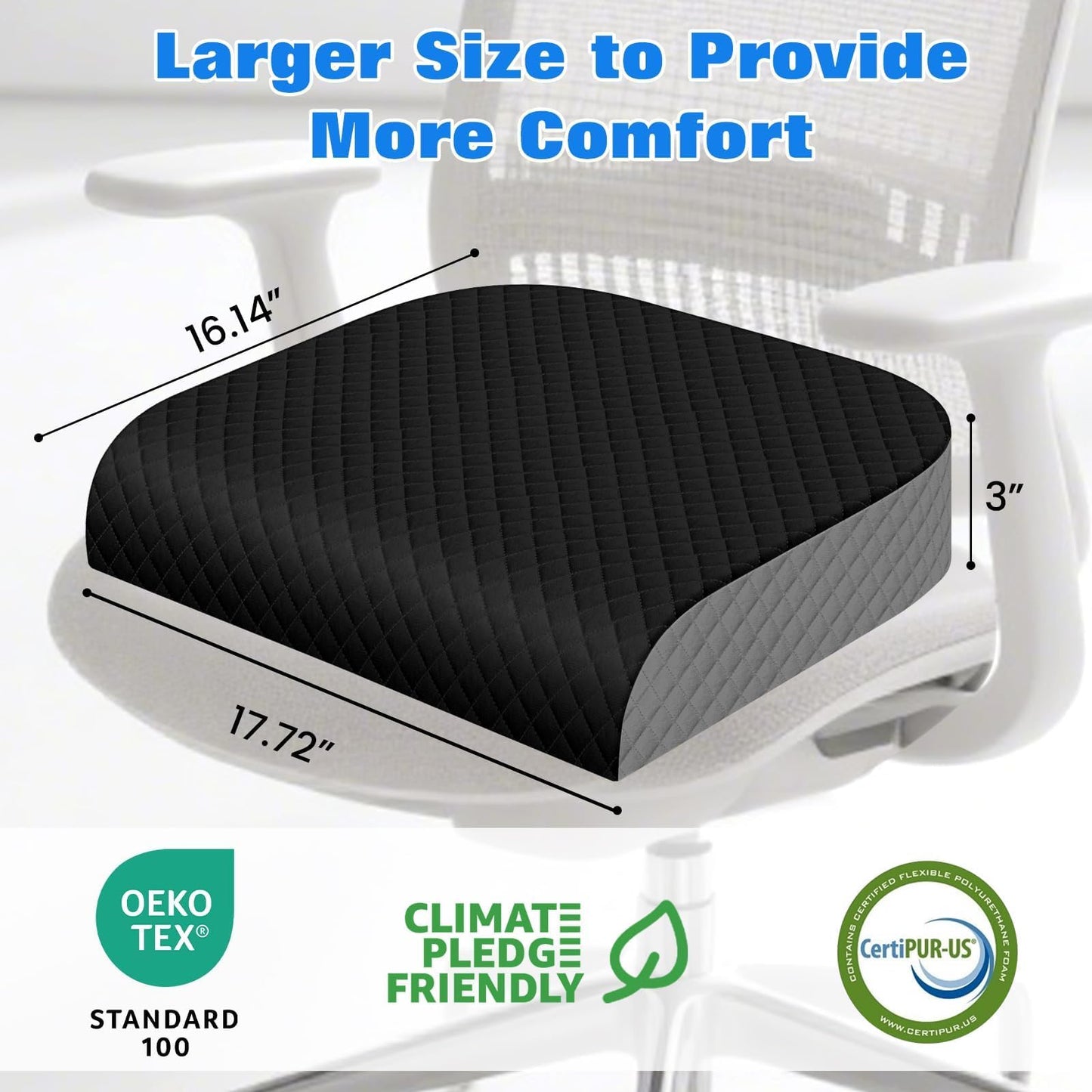 EdenDwell Seat Cushion for Office Chair, Memory Foam Chair Cushions, Car Seat Cushion for Long Sitting, Desk Chair Cushion for Pressure Relief, Non-Slip Bottom, Washable Cover, Large, Black