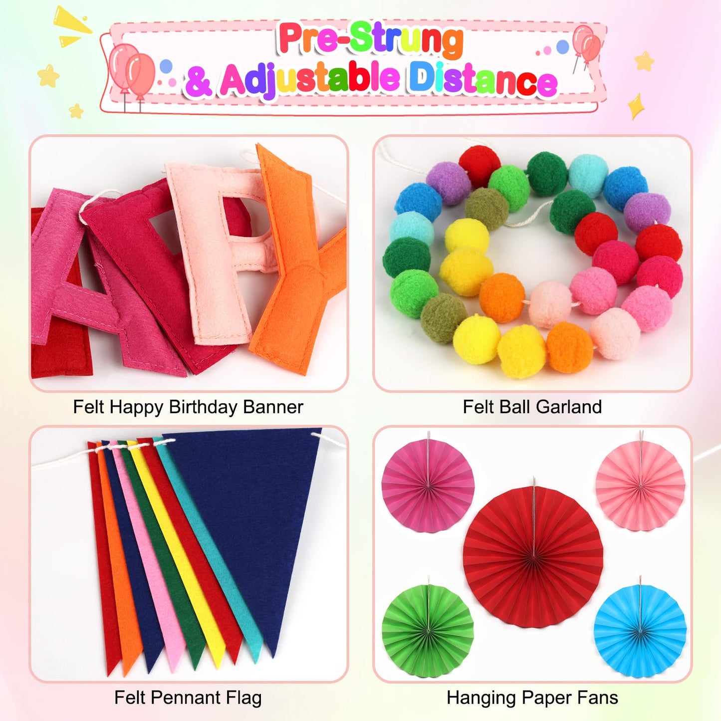 Danadia Pre-Strung Happy Birthday Banner, Reusable Felt Birthday Party Decorations, 3D Effect Happy Birthday Sign with Felt Ball Garland, Pennant Flag, Hanging Paper Fans for Men Women Boy Girls (Rainbow)