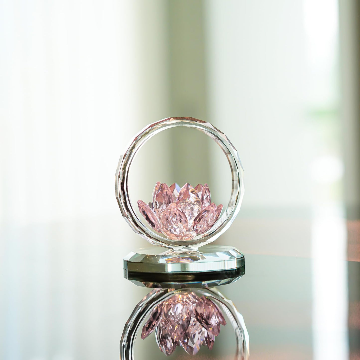 H&D HYALINE & DORA Pink Crystal Lotus Flower Basket Figurine Crystal Lotus Figurine Collectible Glass Flower Basket Ornament for Home Tabletop Centerpiece Decor