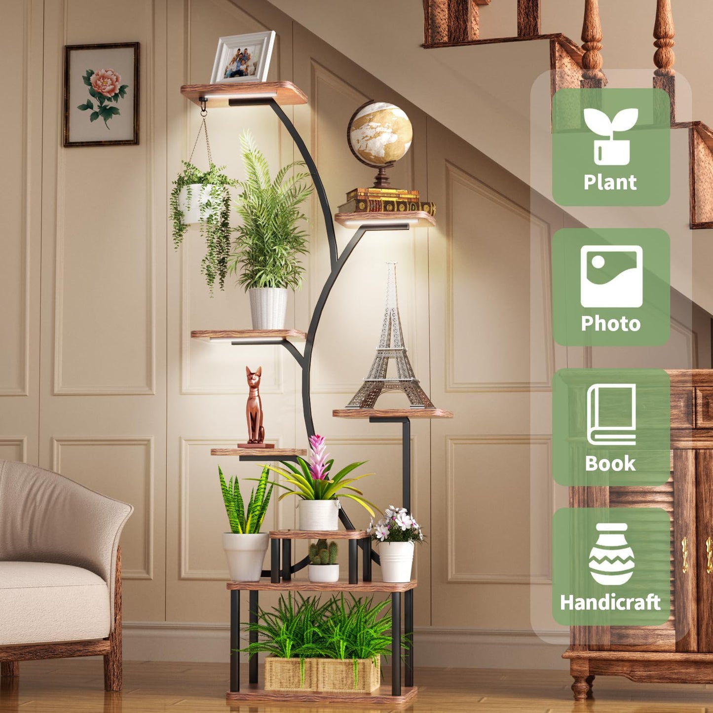 Plant Stand Indoor with Grow Lights,62" Tall 8-Tier Metal Corner Shelf,Multiple Plant Rack for Living Room,Full Spectrum LED Light for Optimal Growth-Space Saving Design,Sturdy & Easy Assembly