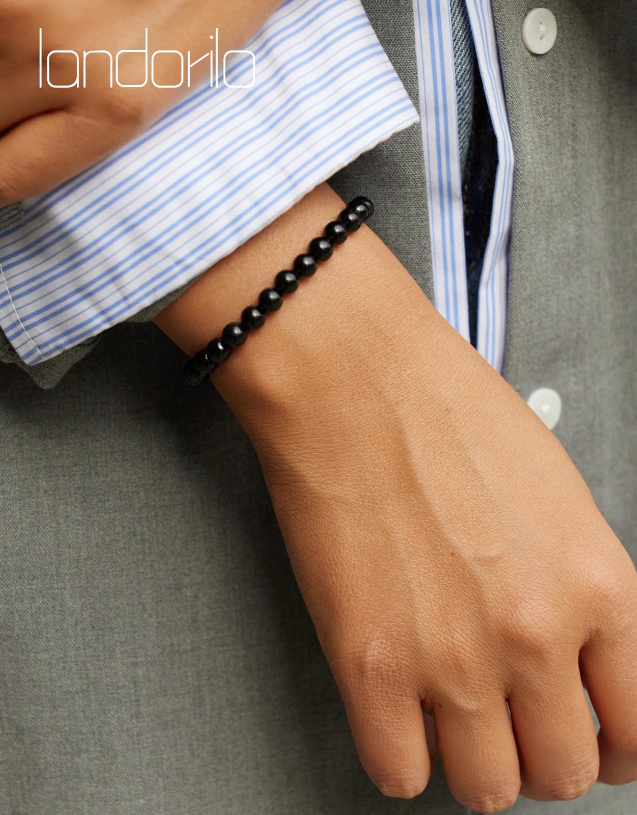 Landorilo Beaded Bracelet for Men Women, 6mm Natural Stone Black Onyx Healing Crystal Stretch Bracelets, Ideal Christmas Birthday Jewelry Gifts with Energy Card，Replacement Beads Included