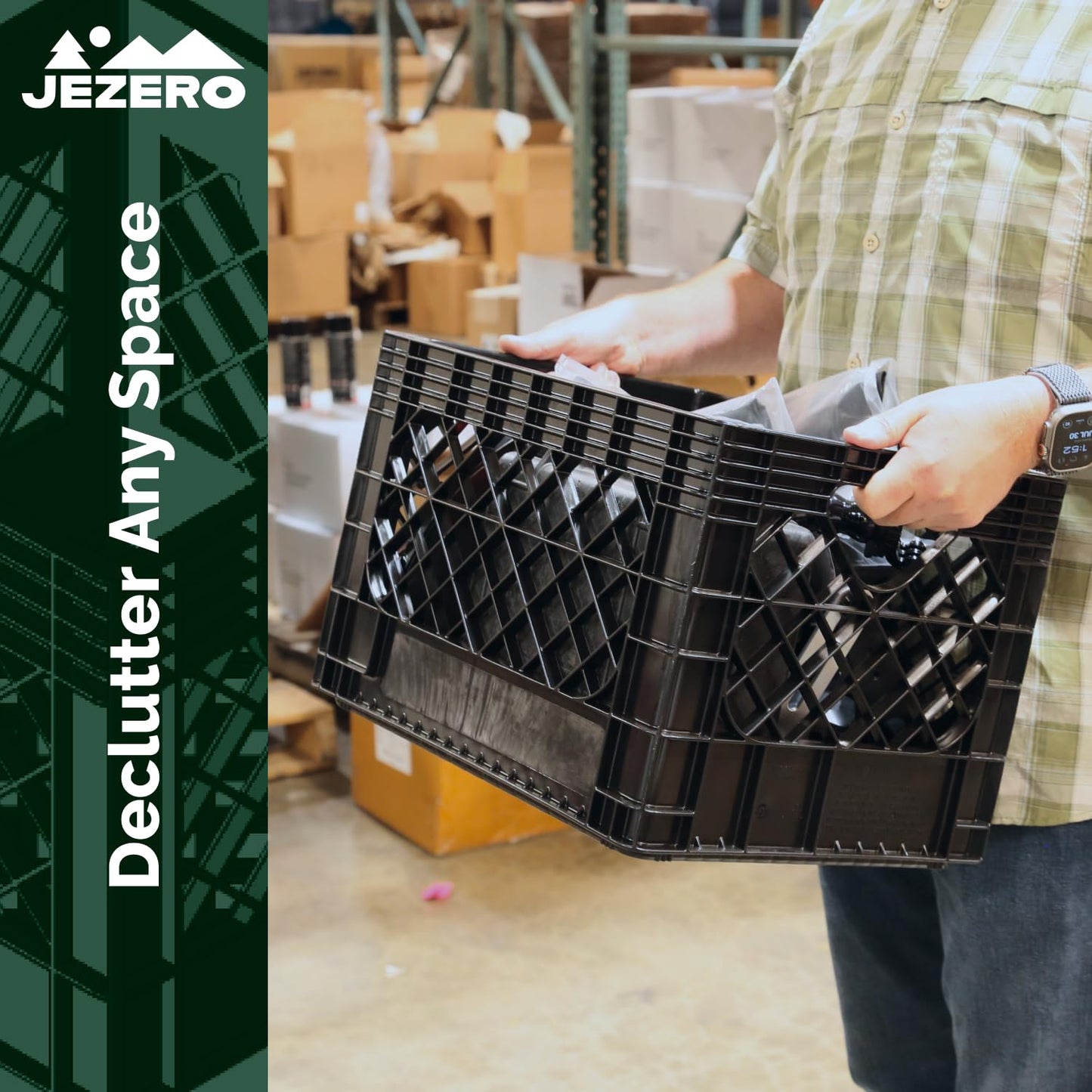 JEZERO 20 Quart Heavy Duty Plastic Crate | Stackable Multi-Purpose Storage Bin for Garage, Home, Office, Groceries, Outdoor, Camping & Kayaking | Black Utility Tote, 17" x 13" x 11"