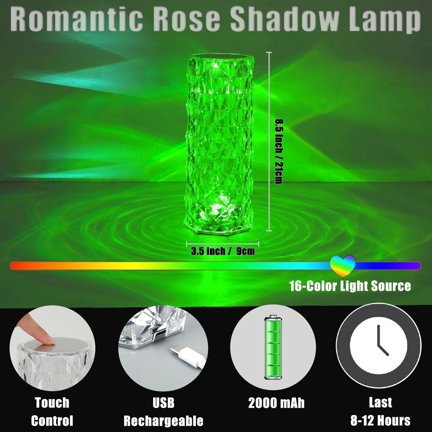 VoMii Crystal Lamp Touch, RGB 16 Colors Changing Night Light with Remote, Crystal Table Lamp Bedside Lamp, Rose Wave Diamond Night Light, Ambient Lighting for Bedroom/Game Room/Dinning Room