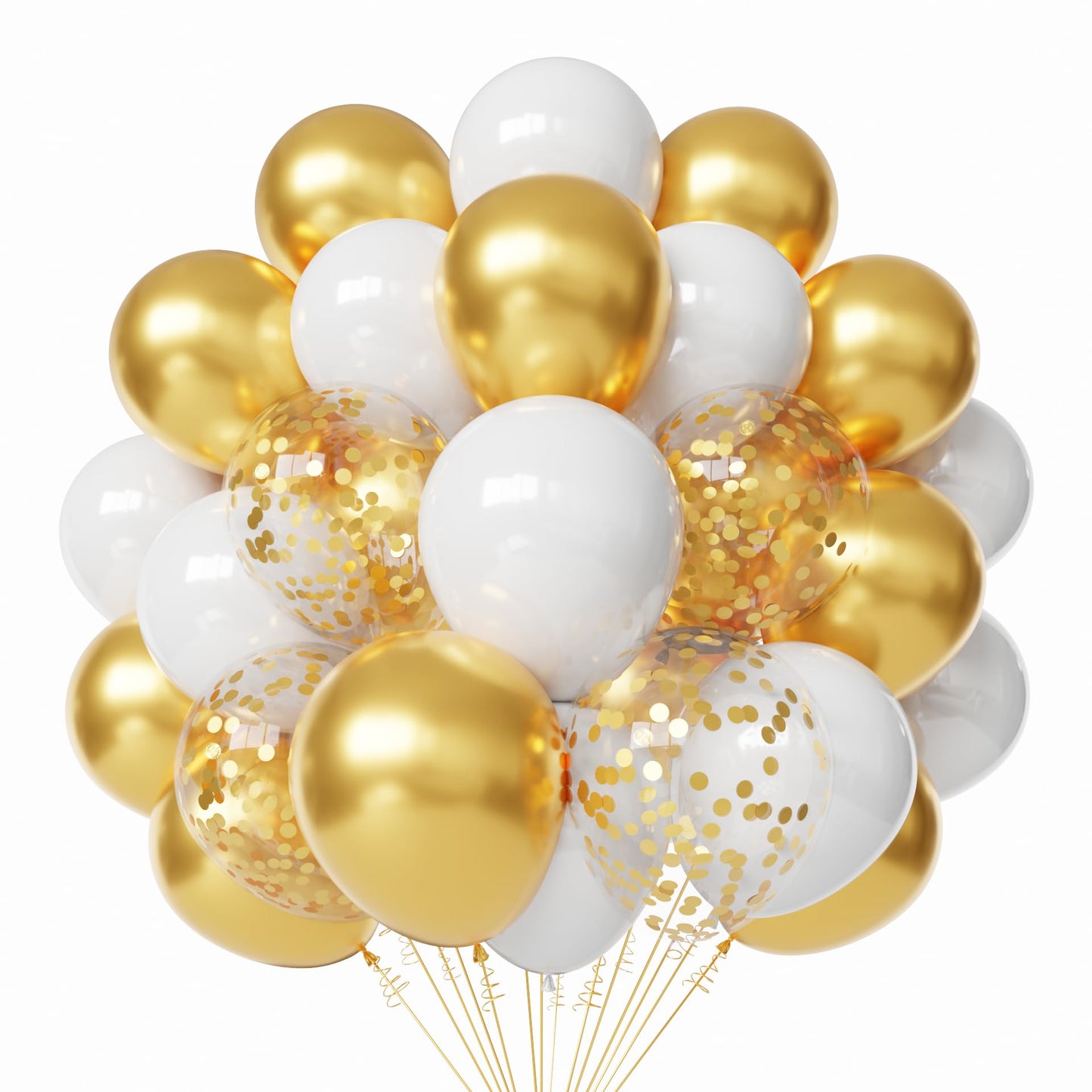 White and Gold Latex Balloons, 60pcs 12 Inches Metallic Gold and White Confetti Balloons with 1 Ribbon for New Year, Birthday, Baby Shower Party Decorations