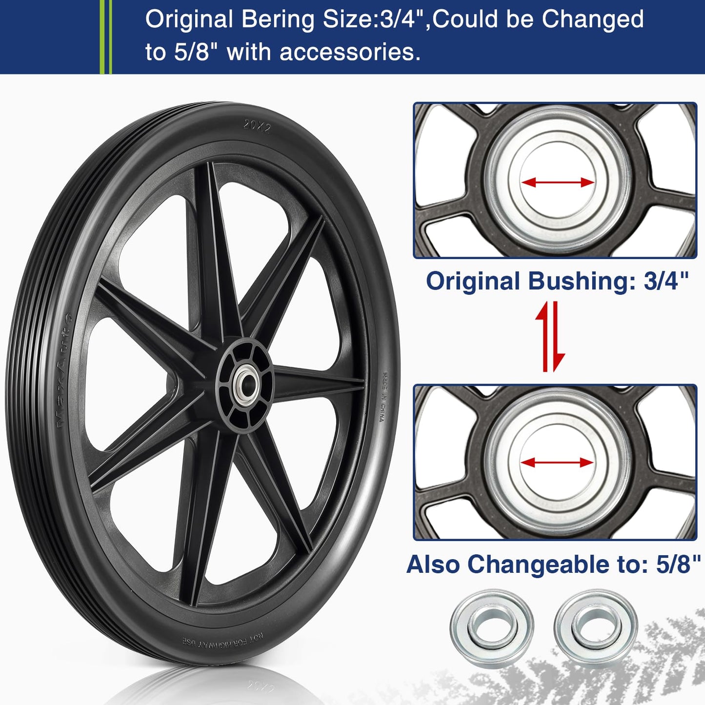 MaxAuto 20x2.0 Rim Flat Free Cart Tire and Wheels Assembly for the Garden Yard Cart, Wheelbarrow, Garden Trailers, 20x2" Non-inflated Tires with 3/4" Bearing, 2 Pack