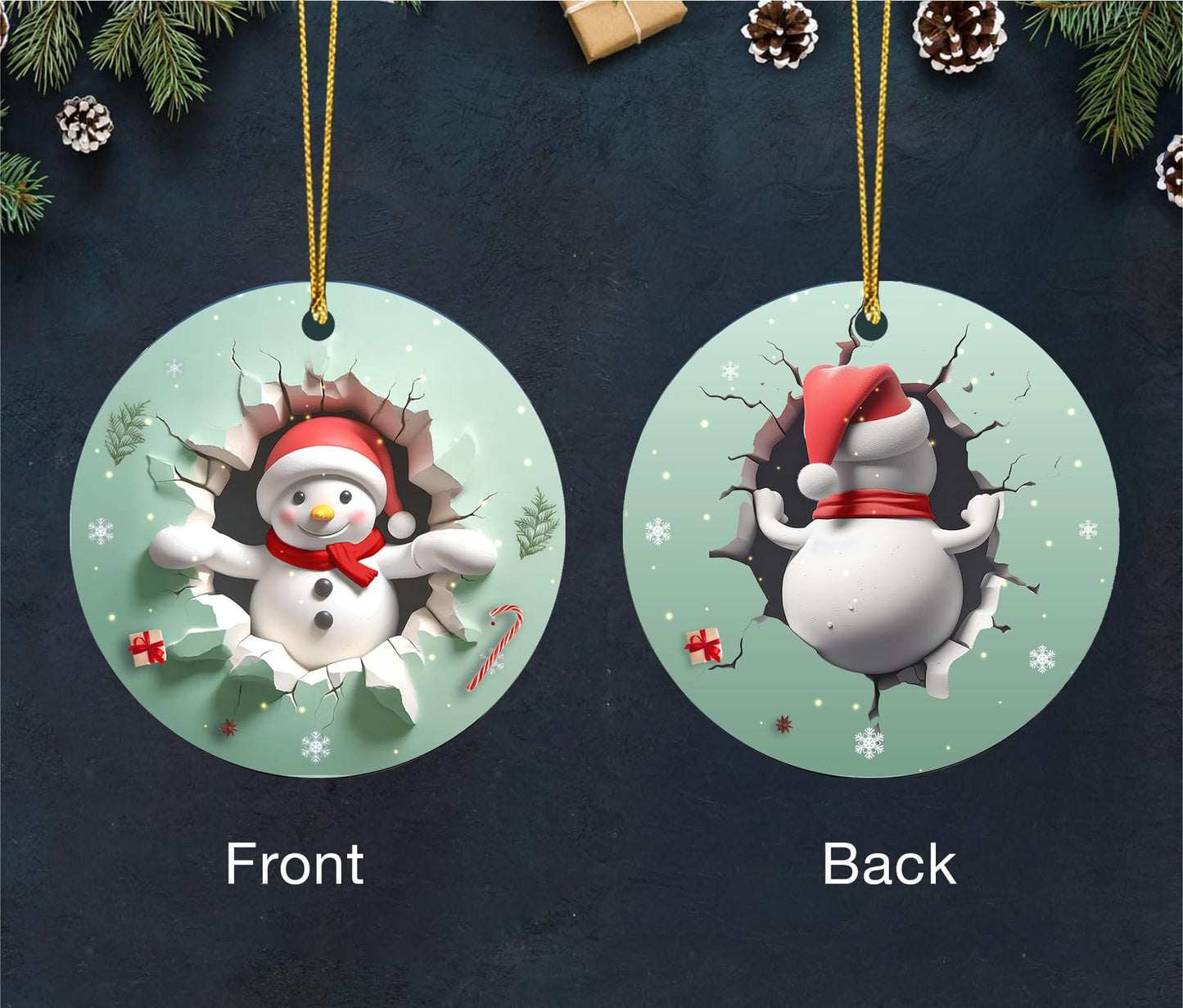 Faythory Snowman Christmas Ornament 2025 – 3D Illusion Printed Design, Cute Snowman, Elegant Shatterproof Ornament for Christmas Tree, Indoor Holiday Décor, 4” Round
