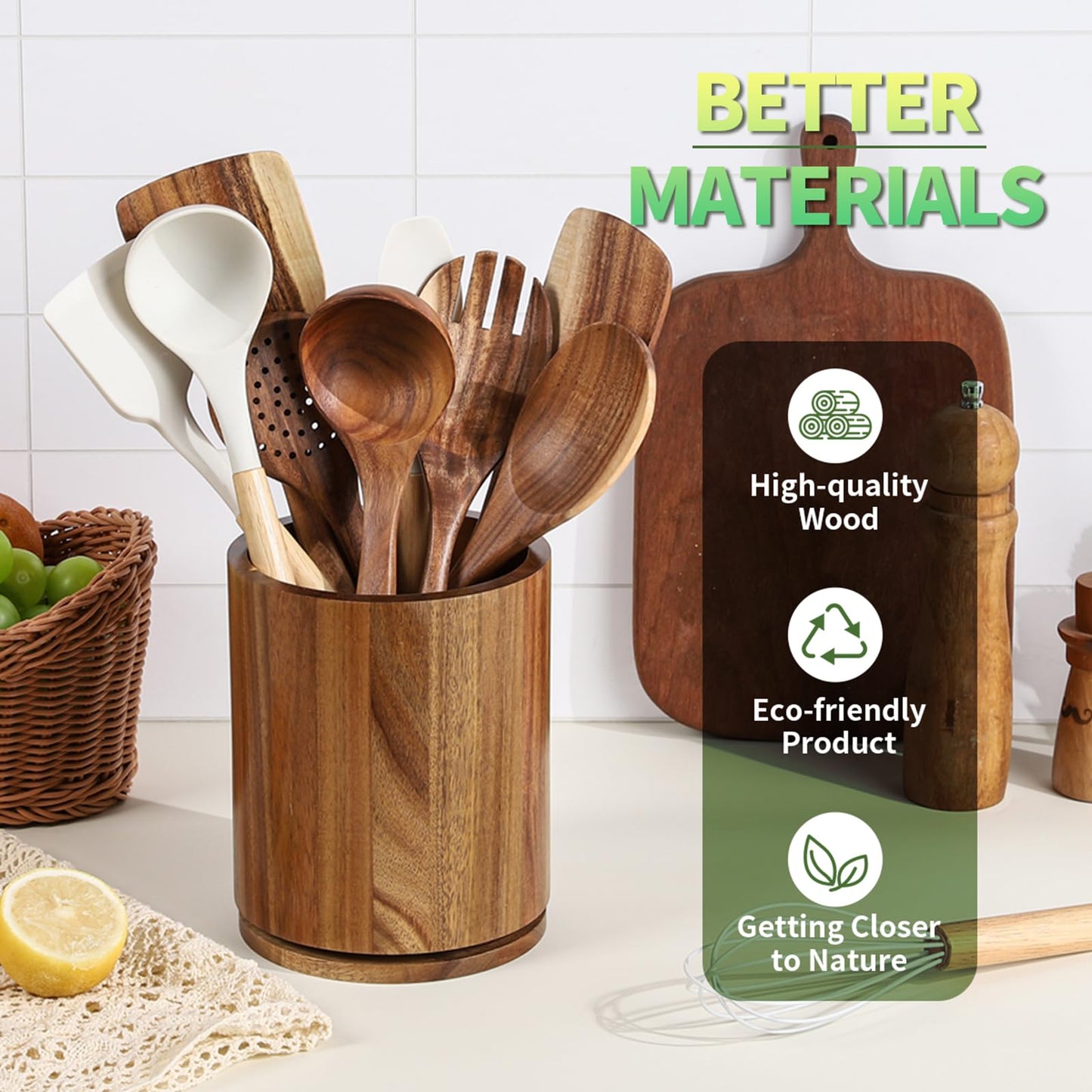 gorsent Wooden Utensil Holder, 360°Rotating 7.3'' Large Utensil Holder for Kitchen Counter, Kitchen Utensil Organizer, Utensil Crock, Farmhouse Kitchens Countertop Decor, Acacia Wood
