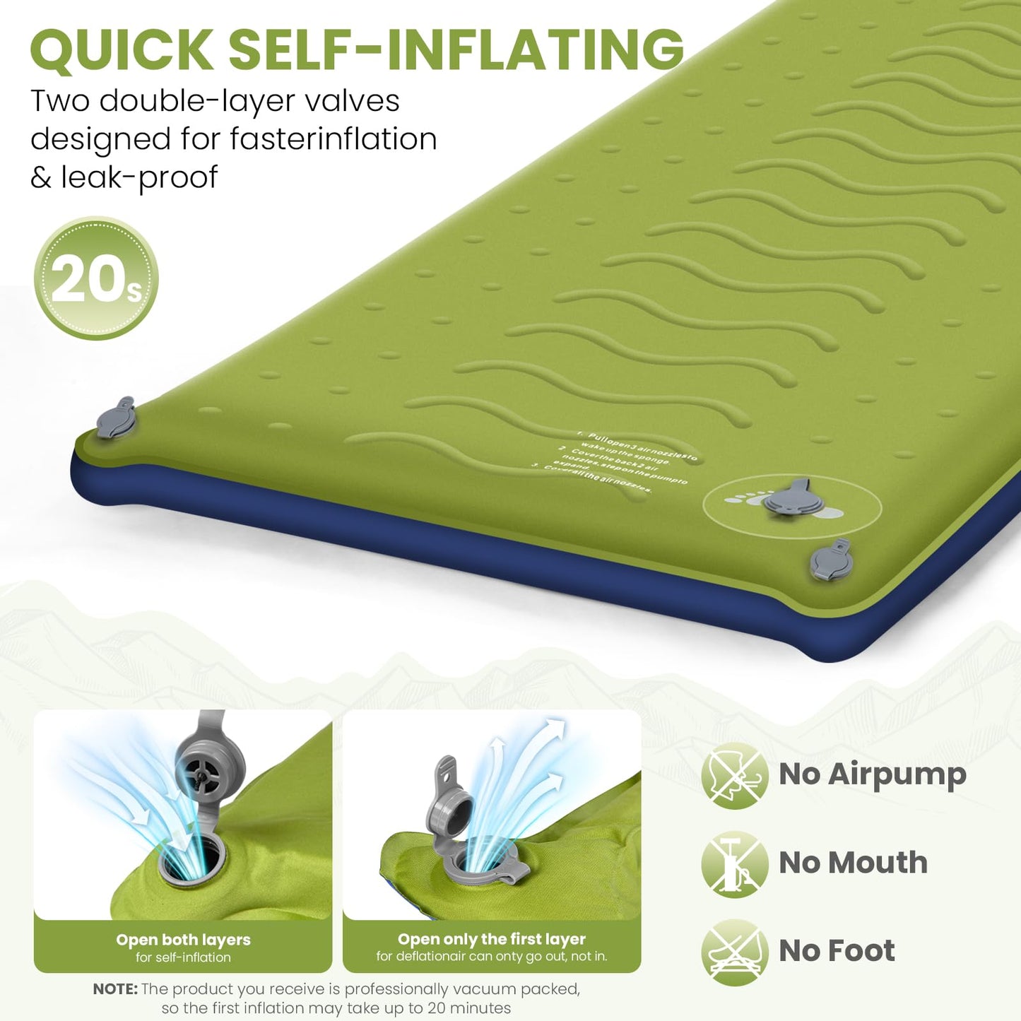 TEKIK Memory Foam Camping Pad, Ultra-Thick Foam Sleeping Pad for Camping with Pillow, 20s Fast self Inflate&Deflate, 9.5 R-Value Insulated Camping Mattress, Suitable for Tent, Car Travel & More