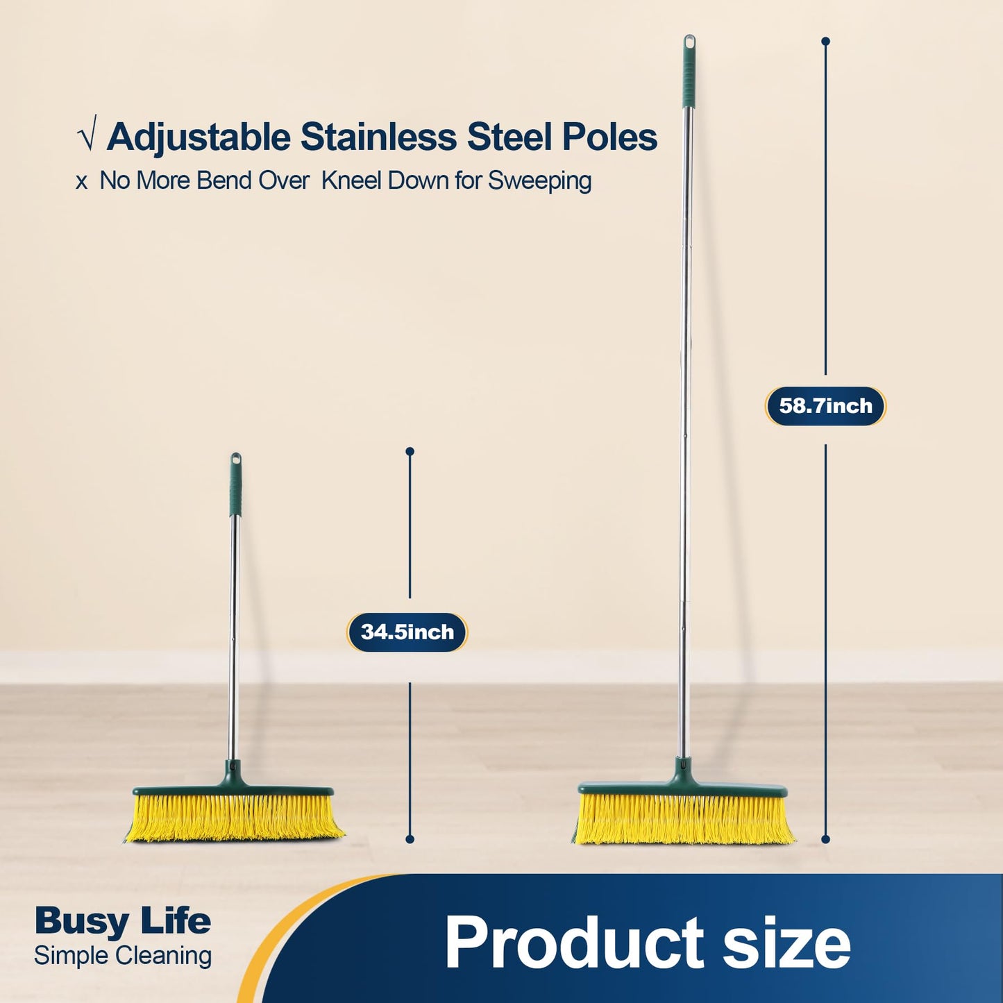 Yocada Heavy Duty Outdoor Broom Commercial Broom Garden Leaf Rake with Curved Bristles Adjustable Long Handle Indoor Outdoor for Yard Deck Garden Garage Lobby Lawn Sidewalk Leaves 58.7 Inch