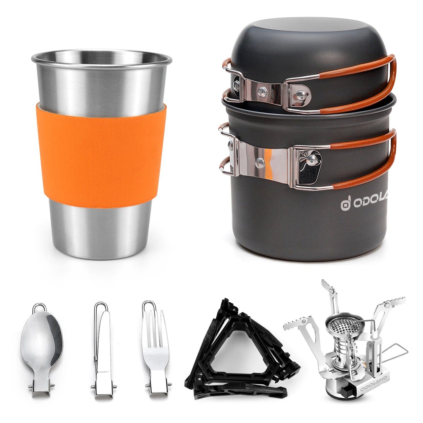 Odoland Camping Cookware Stove Carabiner Canister Stand Tripod and Stainless Steel Cup, Tank Bracket, Fork Spoon Kit for Backpacking, Outdoor Camping Hiking and Picnic,Orange
