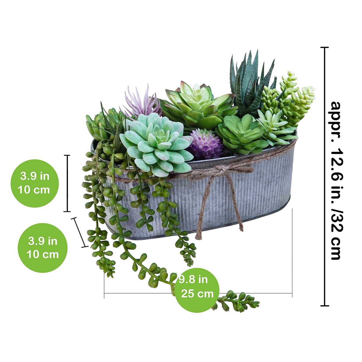 Winlyn 10" Artificial Succulent Arrangement Centerpiece Fake Succulent Plants in Rustic Metal Oval Planter Faux Potted Succulents for Home Office Bedroom Table Windowsill Shelf Mantel Decor