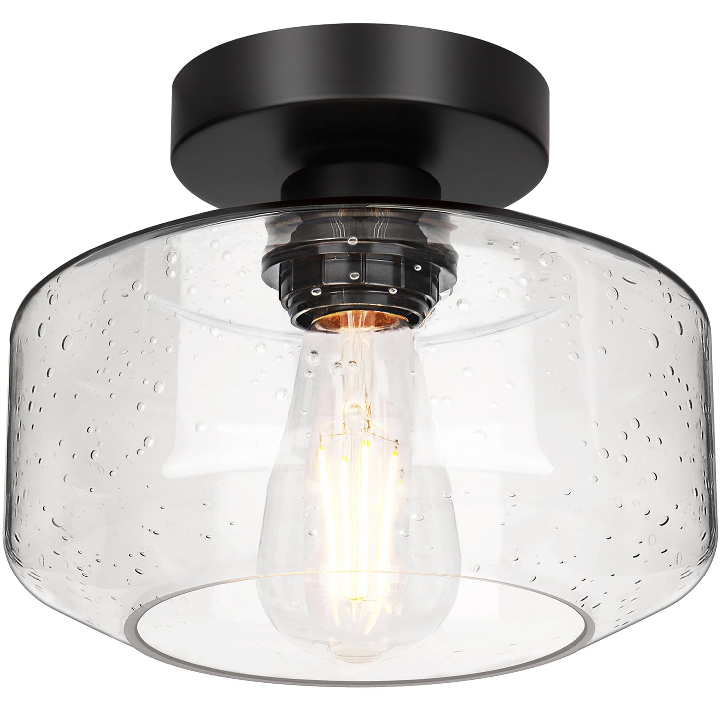 Industrial Semi Flush Mount Ceiling Light, 800 Lumen LED Bulb Included, Seeded Glass Shade Farmhouse Light Fixture for Hallway Corridor Kitchen Bathroom Bedroom Passway
