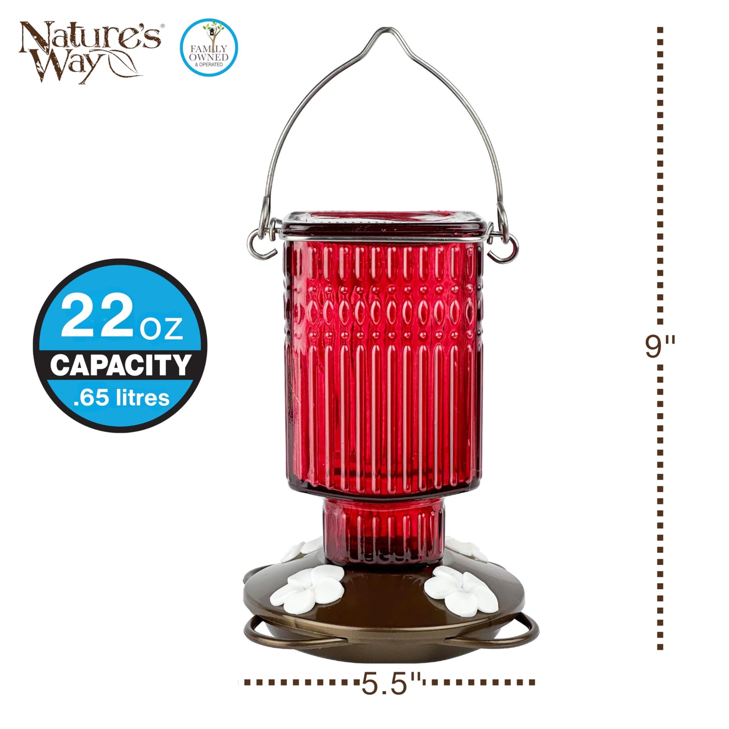 Nature's Way Hanging Glass Hummingbird Feeder for Outdoor Decor, 22 Ounce Capacity Nectar Feeder, 4 Easy to Clean Flexible Ports, Red