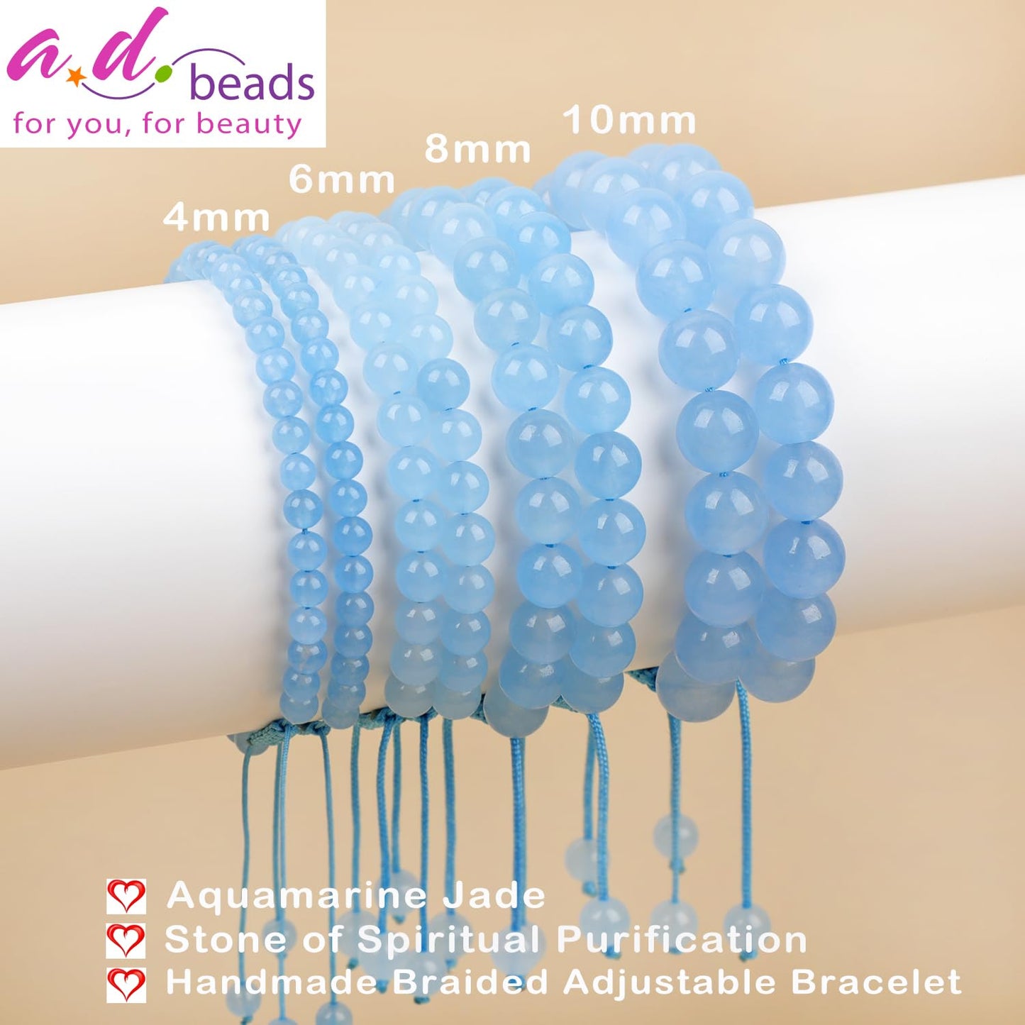 AD Beads 8mm Aquamarine Jade - Spiritual Purification - Handmade Natural Stone Crystal Bracelet with Adjustable Macrame String - Yoga Healing Power Energy Gifts for Men and Women