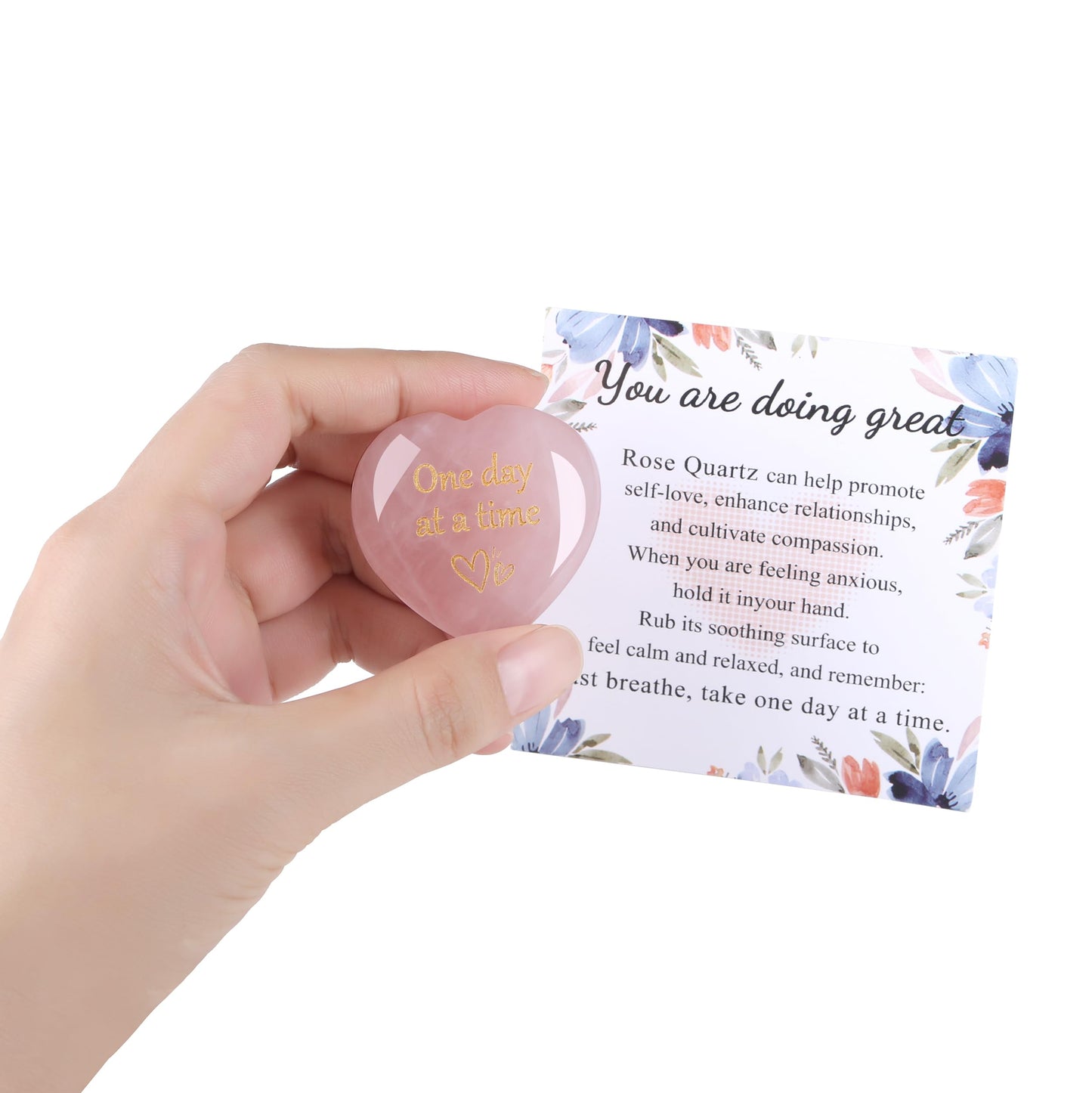 QINJIEJIE Rose Quartz Crystals Thinking of You Gifts for Women You Got This One Day At A Time Heart Worry Stones Sobriety Encouragement Mom Gift Heart Decor Pink Gifts for Women