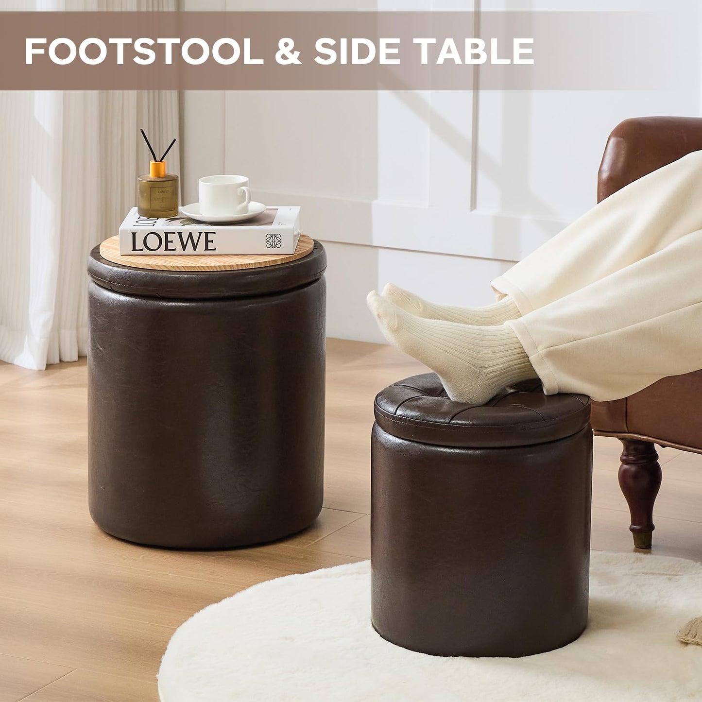 oakvivo Round Set of 2 14.76" L x 14.76" W x 17.32" H Faux Leather Ottoman with Storage, Small Foot Rest Storage Ottomen with Lid Living Room, Bedroom Vanity Stool Chair, Coffee
