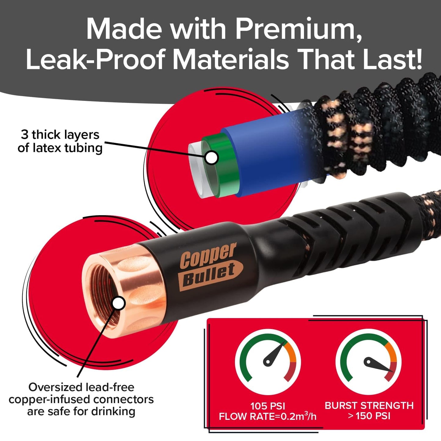 Pocket Hose 100 FT Copper Bullet Expandable Garden Hose w/10 Pattern Thumb Spray Nozzle AS SEEN ON TV 650psi 3/4 in Patented Lead-Free Ultra-Lightweight Solid Copper Anodized Aluminum