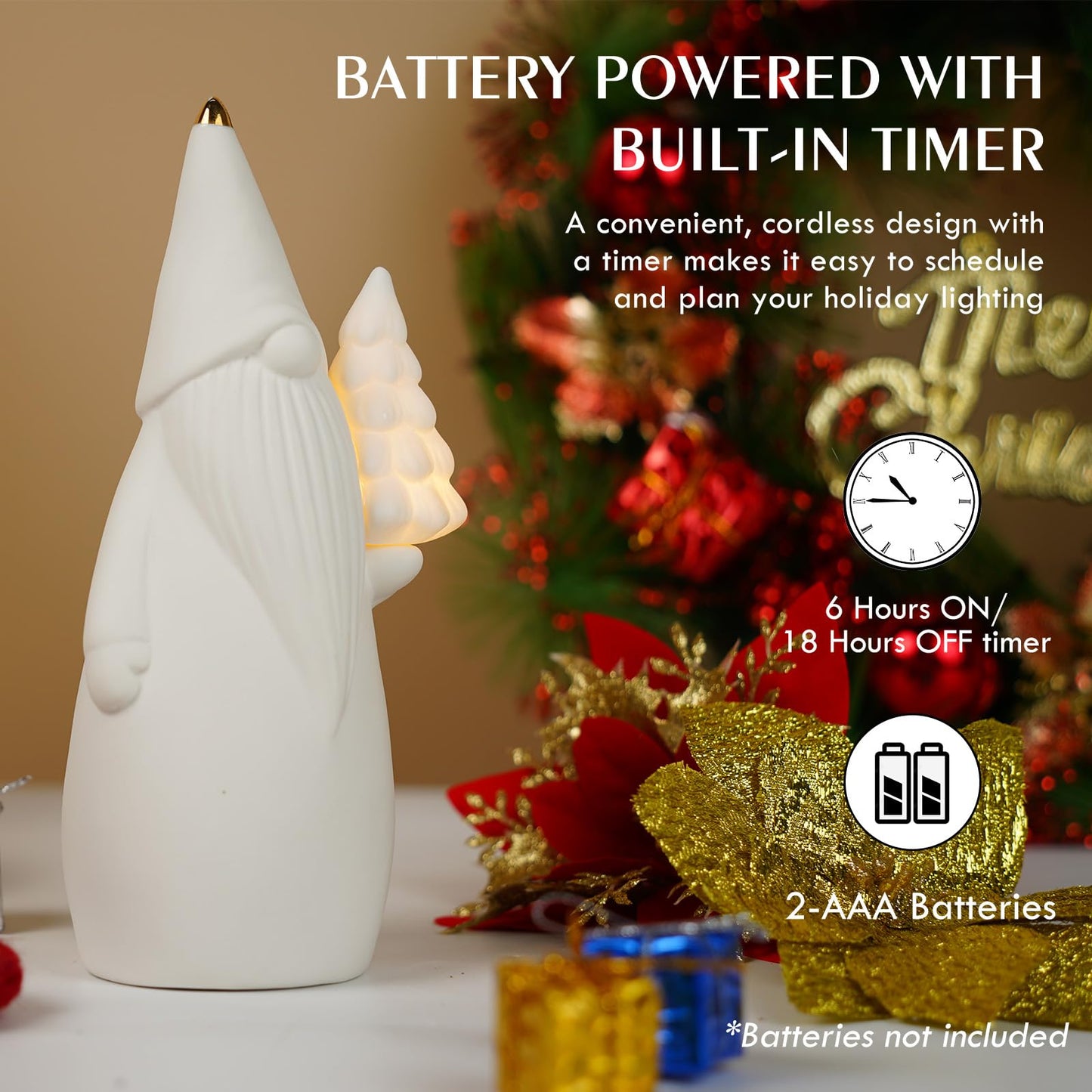 Luxstyra White Ceramic Gnome Figurine with Christmas Tree Lighted, 7.5" Christmas Gnome Decoration, Light Up Xmas Tree with Timer, Gnomes Gifts for Women, Sandinavian Xmas Decor for Tabletop Mantel