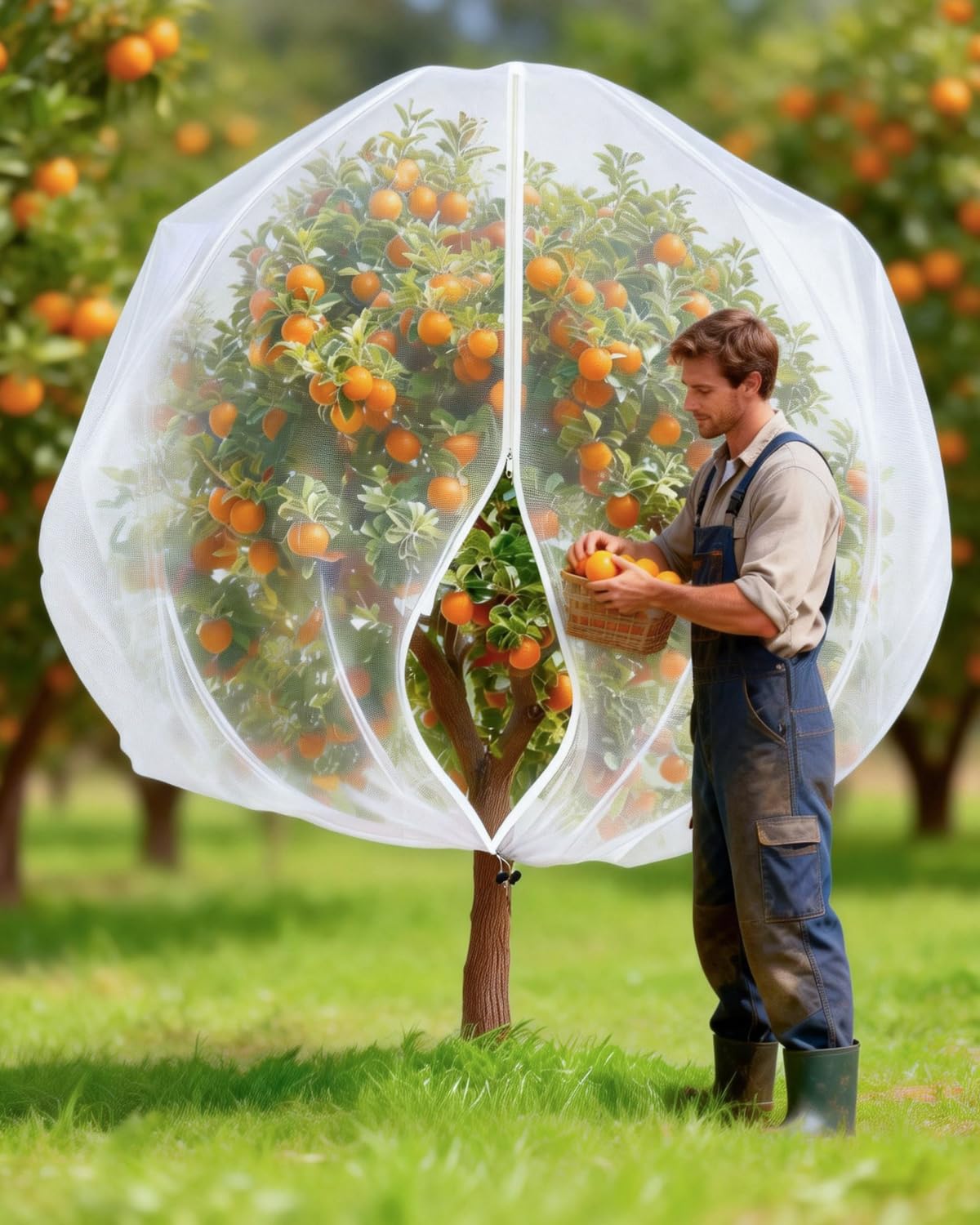 JoyHalo Large Fruit Tree Netting with Zipper & Drawstring, 10 × 10FT Pest Barrier Netting for Garden, 60-Mesh PE Tree Covers for Bush, Blueberry, Vegetables & Plant Protection (2 Packs)