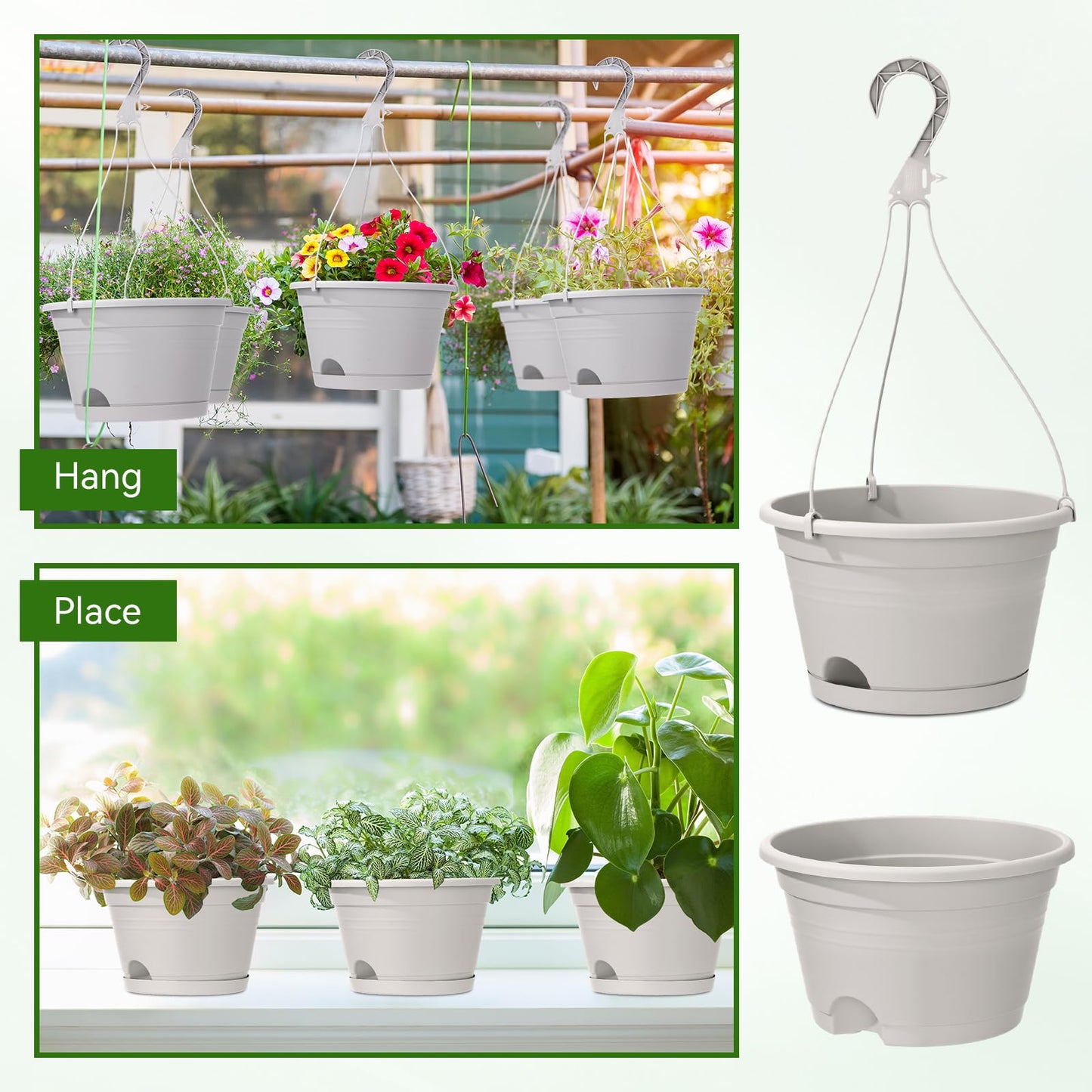 Roshtia 20 Pcs 10 Inch Hanging Baskets for Plants Large Plastic Hanging Basket Pots with Drainage Trays Self Watering Planter Pots for Outdoor Indoor Plants Flowers Garden Balcony (Grey White)