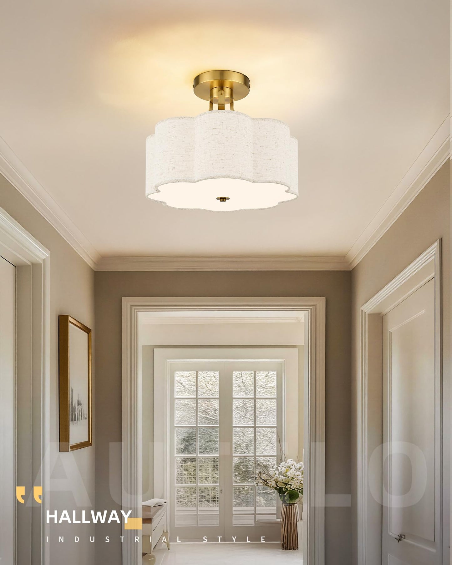 AUTELO 12.6 Inch Semi Flush Mount Ceiling Light,3-Light Brushed Gold Modern Ceiling Light with Flower-Shaped White Fabric, Kitchen Ceiling Light for Bedroom Hallway, C2507 BGS-8