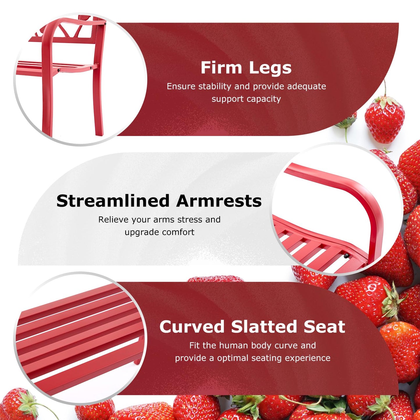 Attliasalon 50” Strawberry Outdoor Garden Bench, Weatherproof Sturdy Cast Iron Metal Frame Patio Park Bench for Porch Yard Lawn Deck Park (Red Strawberry Style)