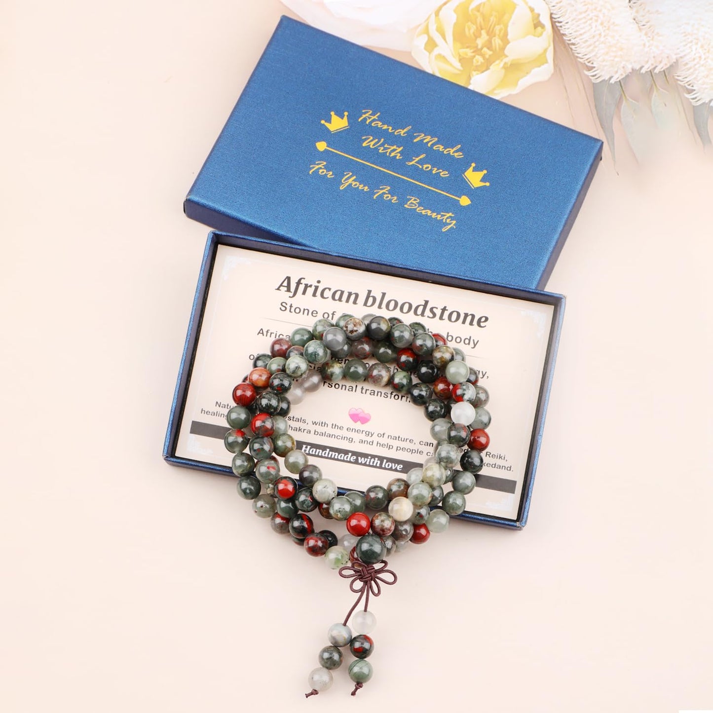 AD Beads 8mm 108 Prayer Mala African bloodstone Elastic Bracelet - Strengthen the body - Handmade Yoga Meditation Healing Power Energy Gifts for Unisex Adult.