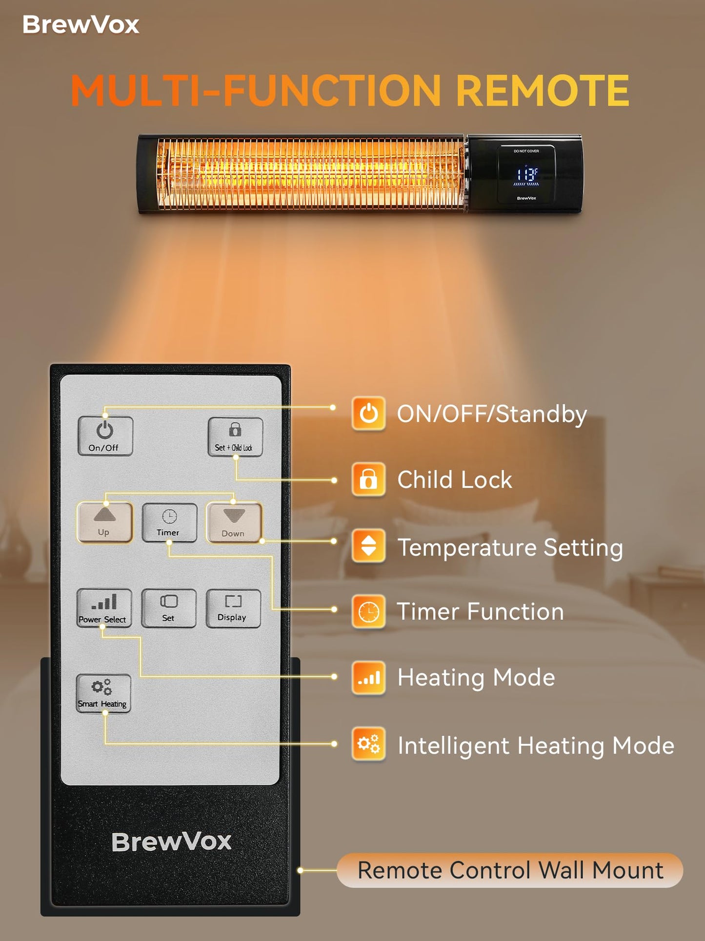BrewVox Carbon Infrared Electric Outdoor Patio Heater with Thermostats, Smart App-Controlled with Remote On/Off & Timer for Living Room, Bedroom, Garage, Office