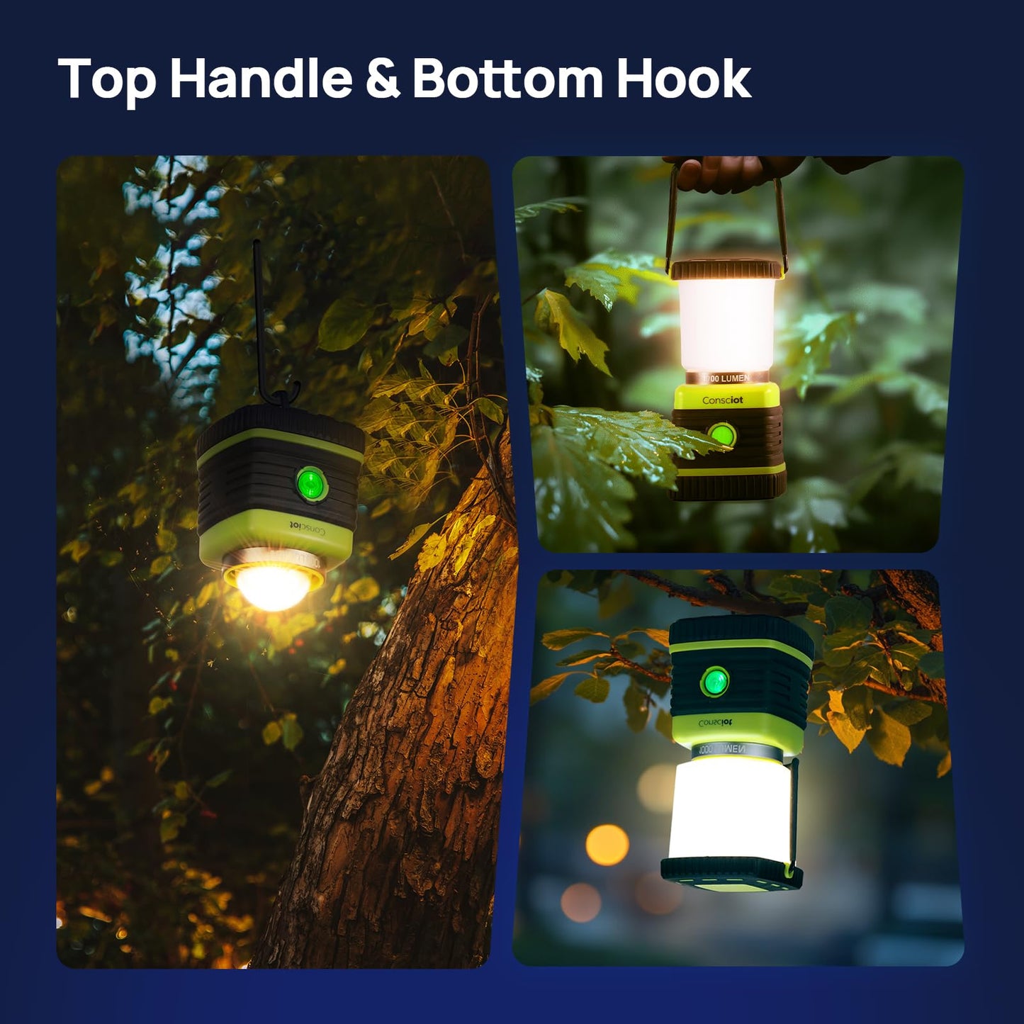 LED Camping Lantern Rechargeable, Consciot Camping Lights, 1000LM, 4 Light Modes, 4400mAh Power Bank, IPX4 Waterproof, Dimmable Tent Lights for Emergency, Power Outages, USB C Cable Included, 2 Pack