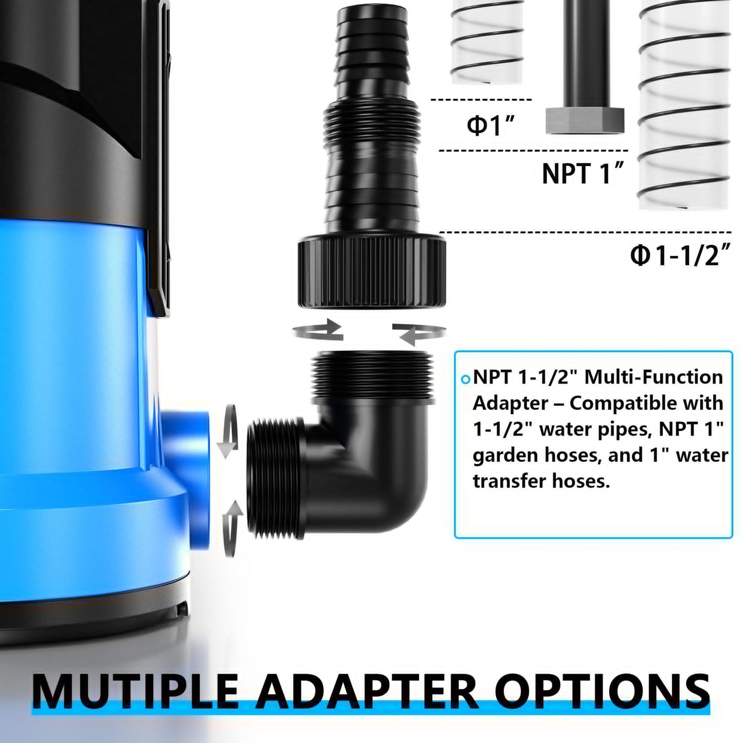 FOTING Sump Pump 3/4HP Automatic Submersible Water Pump, 2400GPH Thermoplastic Electric Portable Transfer Water Pump for Swimming Pool Garden Pond Basement with 16ft Cord, Drain Down to 0.04inch,Blue