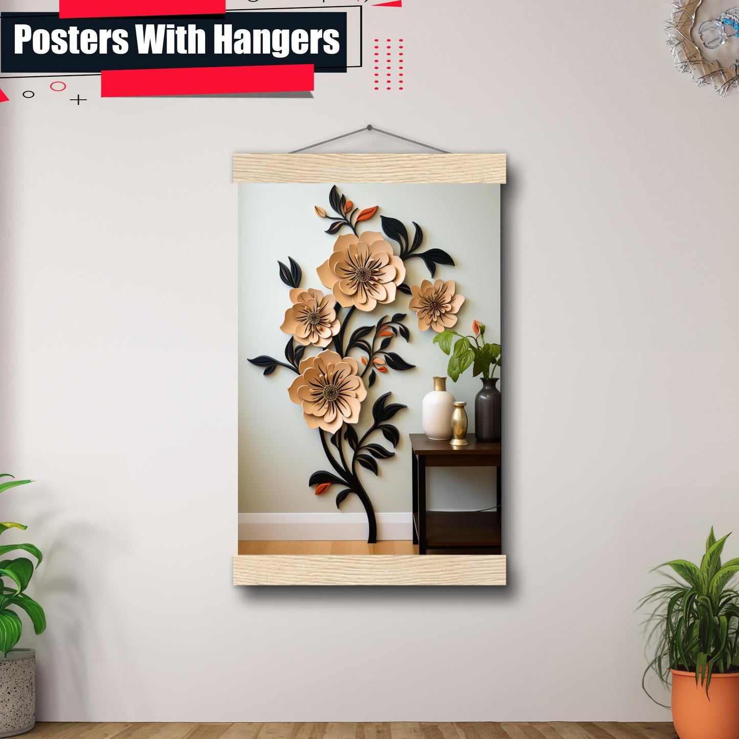 Scandinavian Folk Art, Black and Beige Abstract Botanical Wall Art for Scandinavian Home Decor, Poster, Home Decor