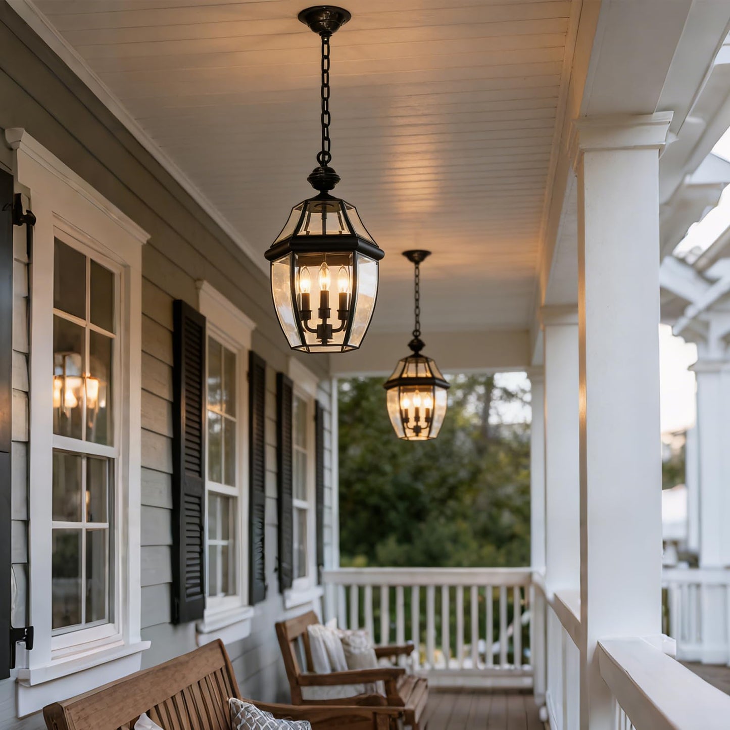 LALXUIEYC 3-Lights Outdoor Pendant Lantern Fixture, 20 Inch Large Modern Porch Light, Black Waterproof Hanging Chandelier with Clear Glass for Front Door, Patio, Gazebo, Entrance