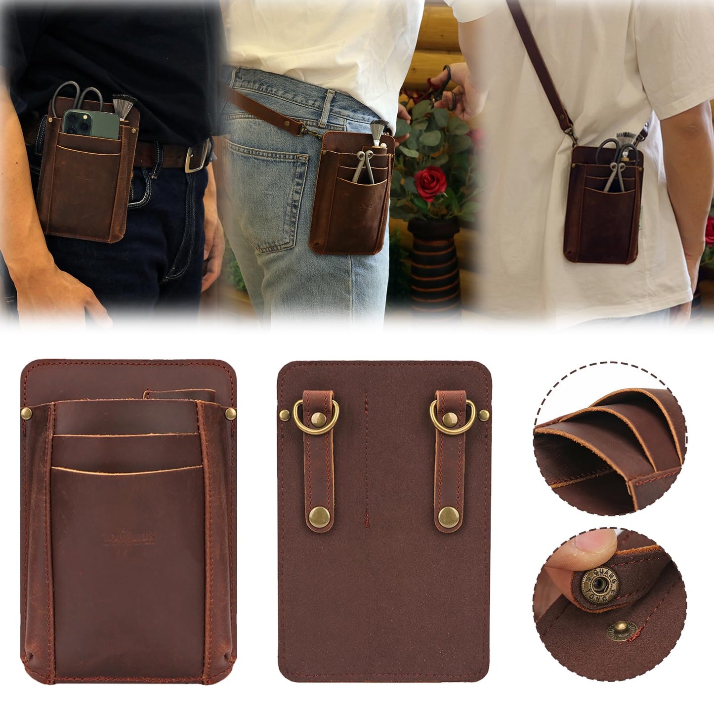 Tourbon Leather Florist Tool Waist Pouch Belt Garden Shoulder Crossbody Tools Bag Gardening Pruning Shears Holder Organizer Kit 4 Pockets (Brown)