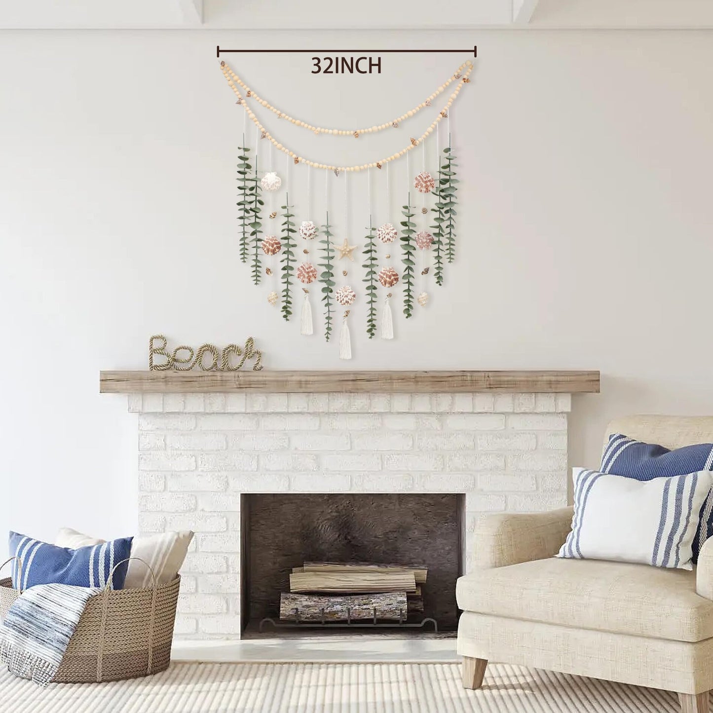 Artificial Eucalyptus Wall Decor with Seashell Coastal Decor Natural Home Decorations Hanging Wooden Bead Garland for Large Bedroom Bathroom Living Room, 32 x 32 Inch