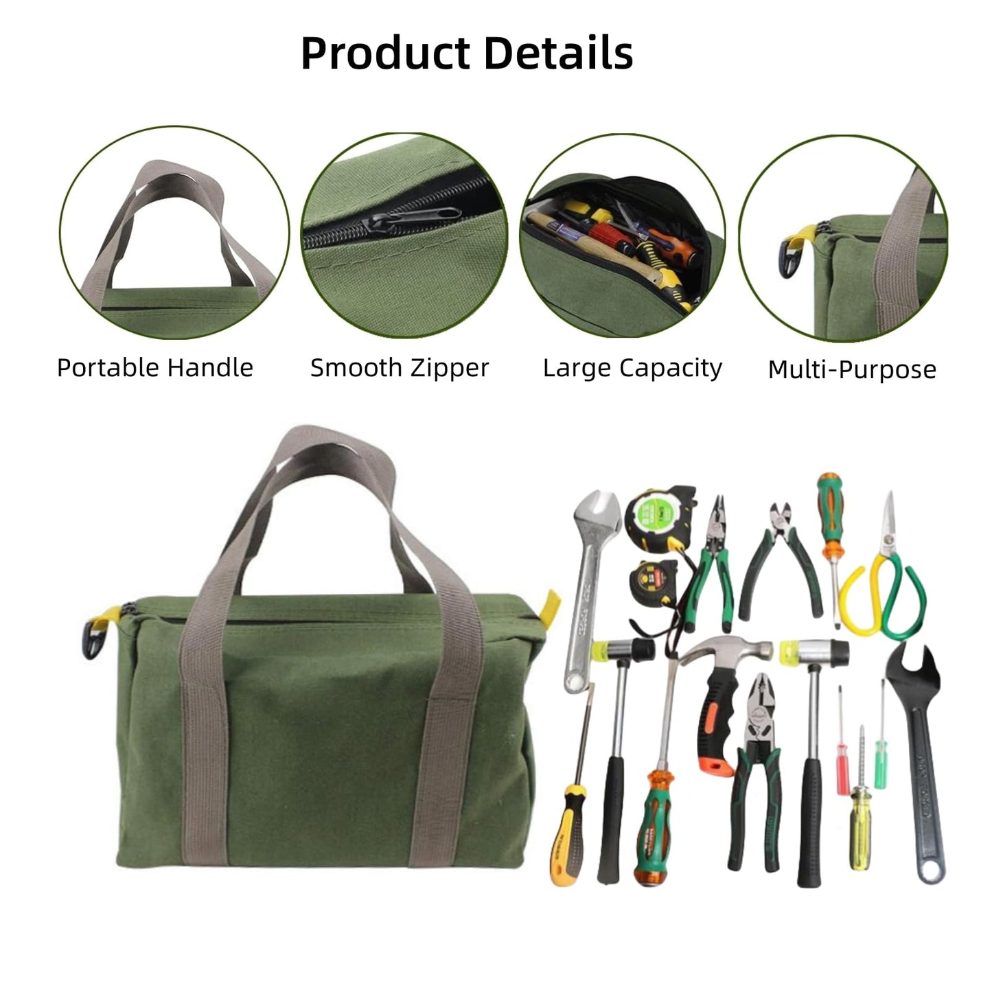12 Inch Wide Mouth Tool Bag, Heavy Duty Canvas Tool Storage Bag for Men, Large Capacity Tool Tote Bag for Electricians, Power Tool Organizer Pouch