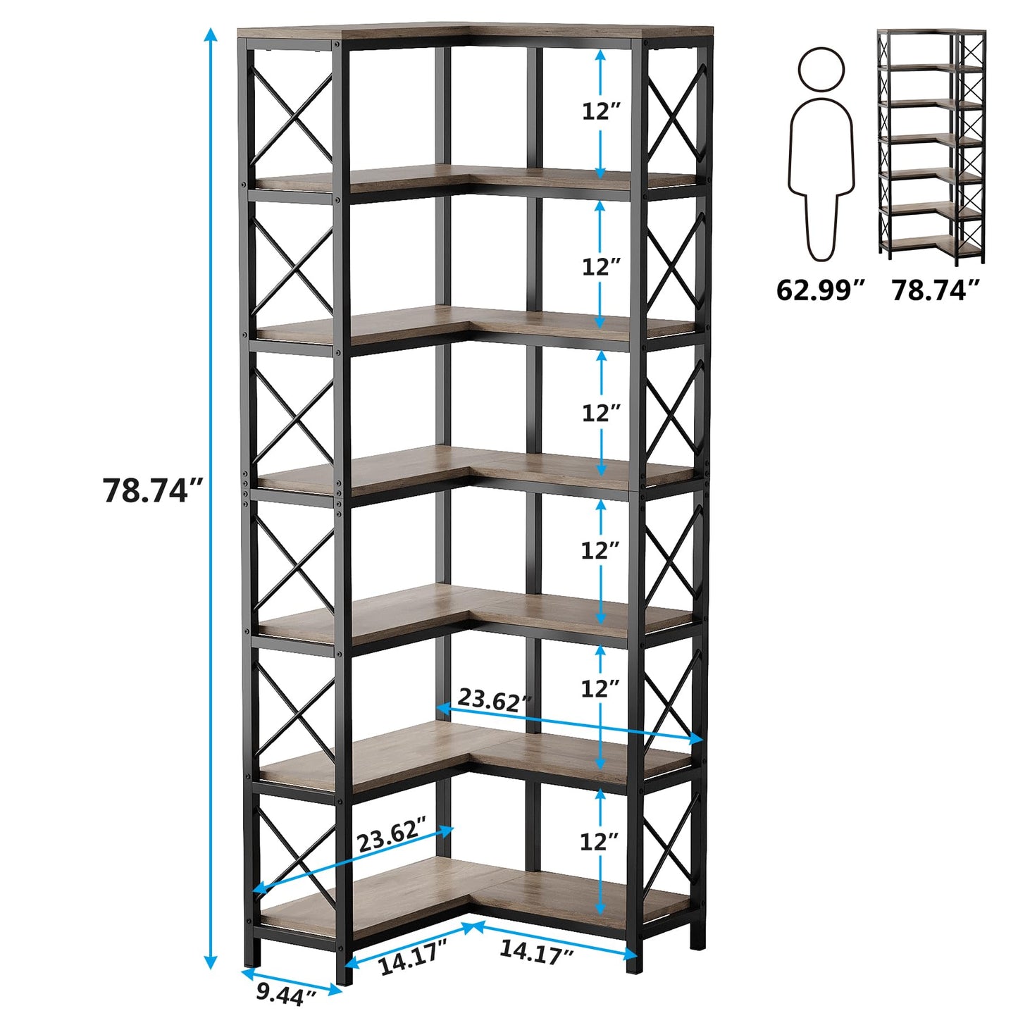 Tribesigns 7-Shelf Corner Bookshelf,Large Modern Corner Bookcase, 7-Tier Tall Corner Shelf Storage Display Rack with Metal Frame for Living Room Home Office (Grey)