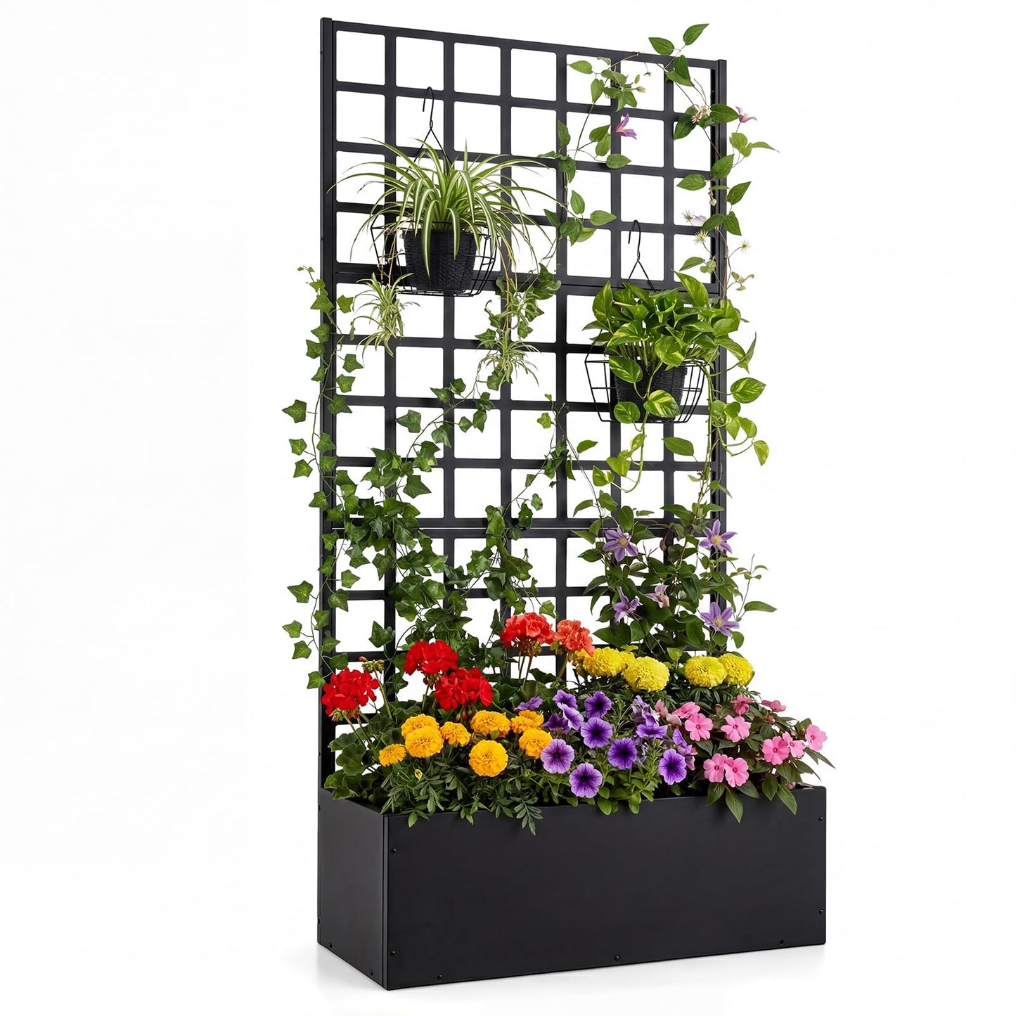 Giantex Metal Raised Garden Bed with Trellis, 36" x 16" x 77" Galvanized Planter Box w/Drainage Holes for Climbing Plants Vegetables Flowers, Outdoor Privacy Screen for Patio Backyard Balcony