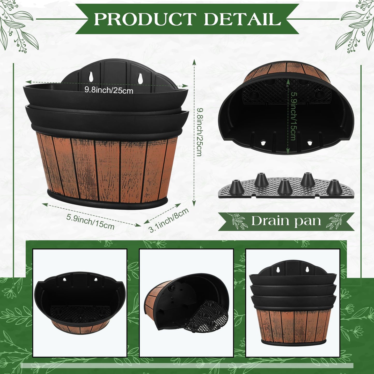 Layhit 6 Pcs Wall Hanging Planters Outdoor Pot Planter Wine Barrel Planter Distressed Oak Thickened Plastic Water Storage Flower Pots for Flower Indoor Outdoor(10 Inches,Brown)
