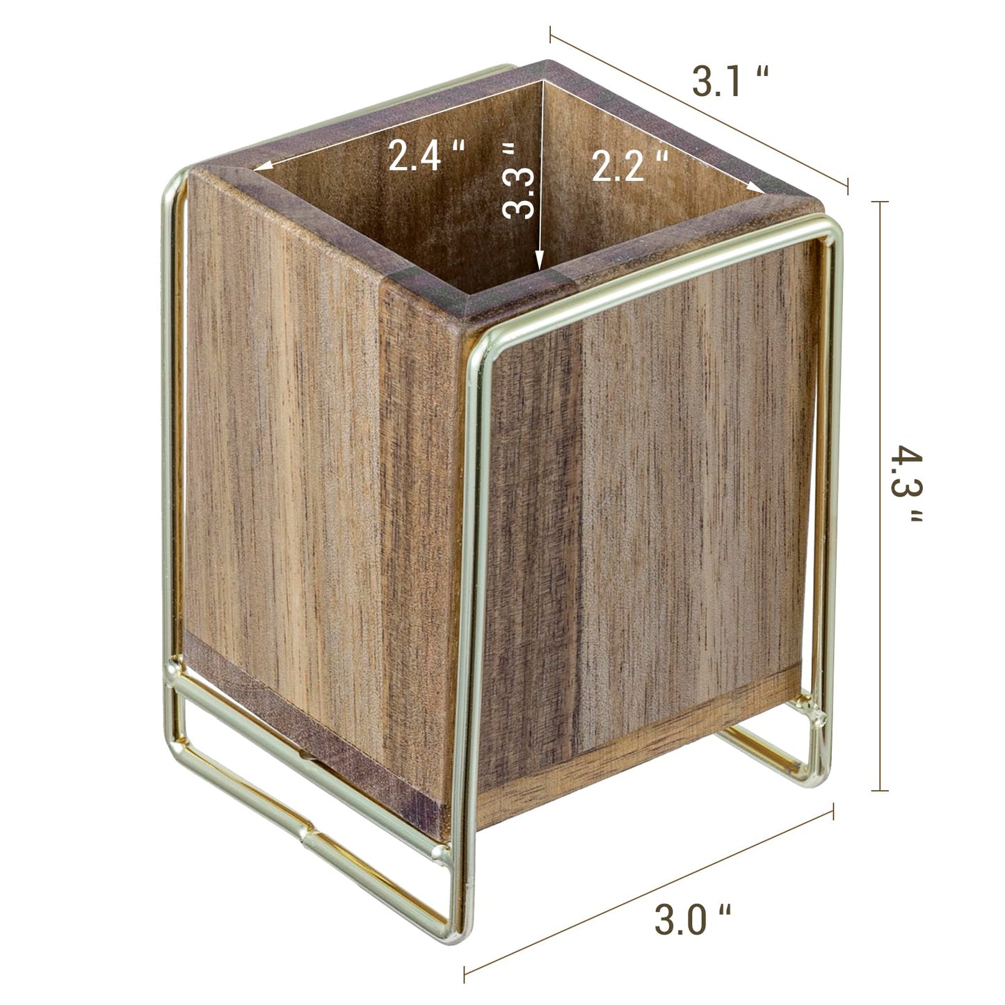 MyGift 3 Inch Modern Premium Solid Acacia Wood and Brass Tone Metal Wire Desktop Pencil Cup, Wooden Tabletop Pen Holder, Office Desk Stationery