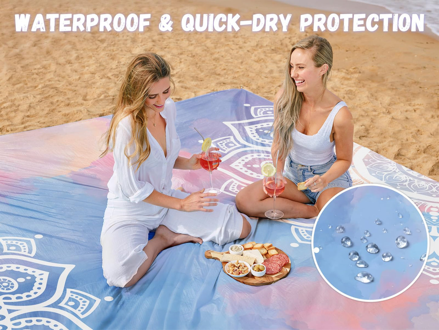 AlphaBeing Beach Blanket Waterproof Sandproof, Extra Large Beach Mat for 1–8 Adults, Oversized Picnic Blanket with 4 Stakes & Storage Bag, Essential Beach Gear for Travel (Mandala, 79“×83”)