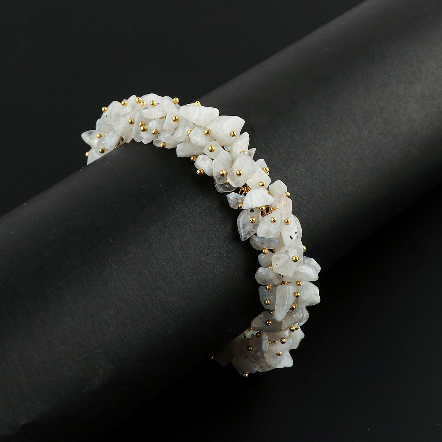 CRYSTALINES Natural White Moonstone Gemstones Cluster Bracelet, Handmade Bohemian Jewelry, Chips Nuggets Beads Stones, Healing Crystals, 14K Gold Plated Chain, Christmas Gift for Women, 8inch