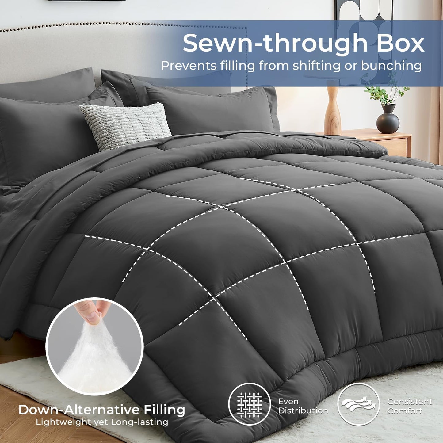 Sasttie Queen Comforter Set, 7 Pieces Bed in a Bag Queen, Complete Bedding Set Includes Grey Comforter, Flat Sheet, Fitted Sheet, Pillowcases and Pillow Shams, Dark Grey