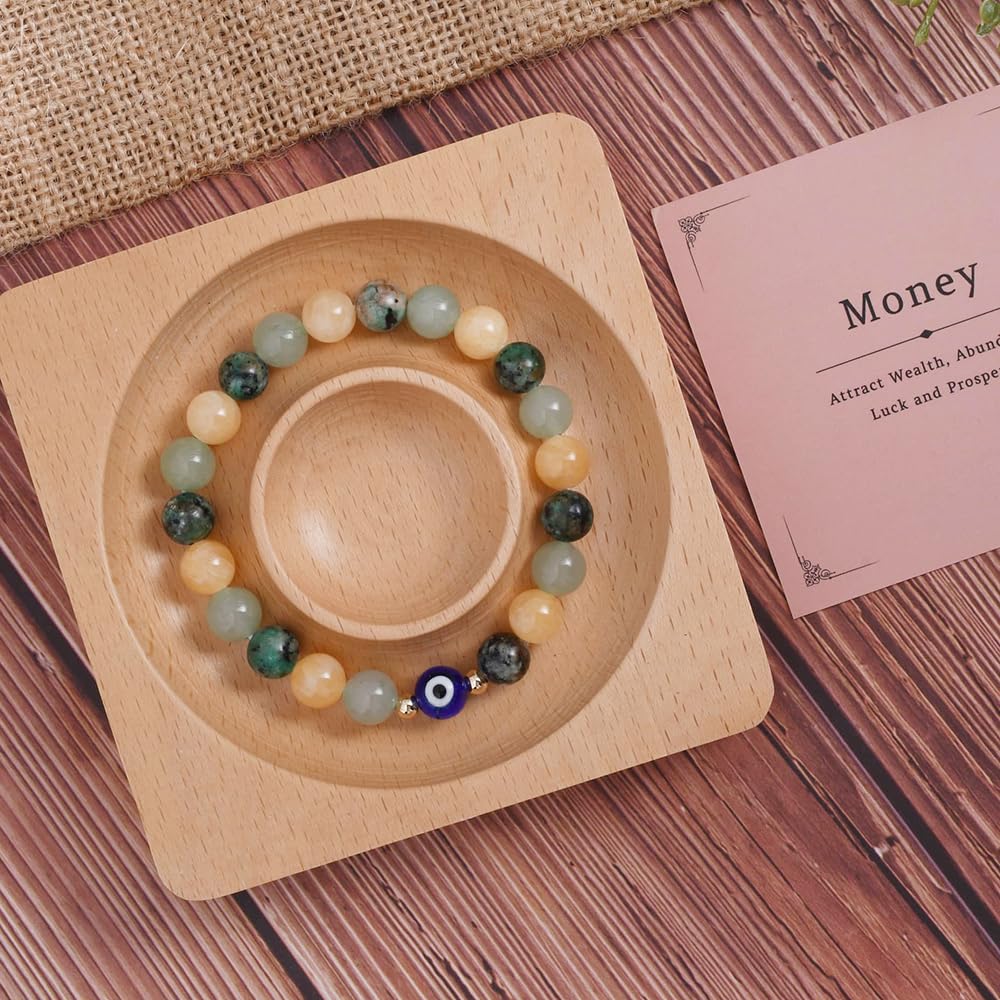 DLYFNVEV Money Attraction Bracelet Wealth Luck Fengshui Green Aventurine Evil Eye Protection Beaded Healing Crystal Natural Stone Jewelry Gifts For Women Yellow Topaz African Turquoise