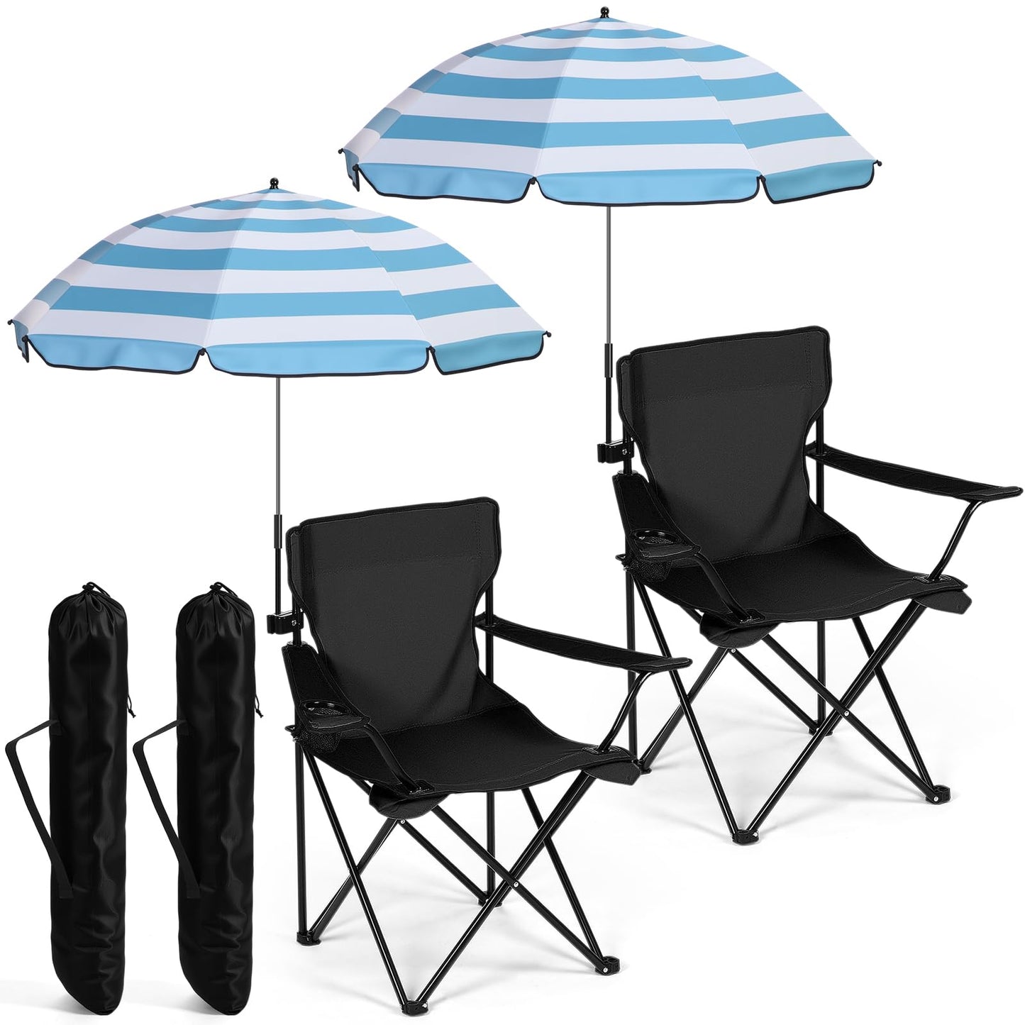 Yuntau 2 Sets Beach Chair with Umbrella Foldable Camping Chair Fold up Umbrella with Universal Clamp Large Portable for Outdoors Fishing Camping Hiking Travel Picnic Beach (Black,Blue,White)