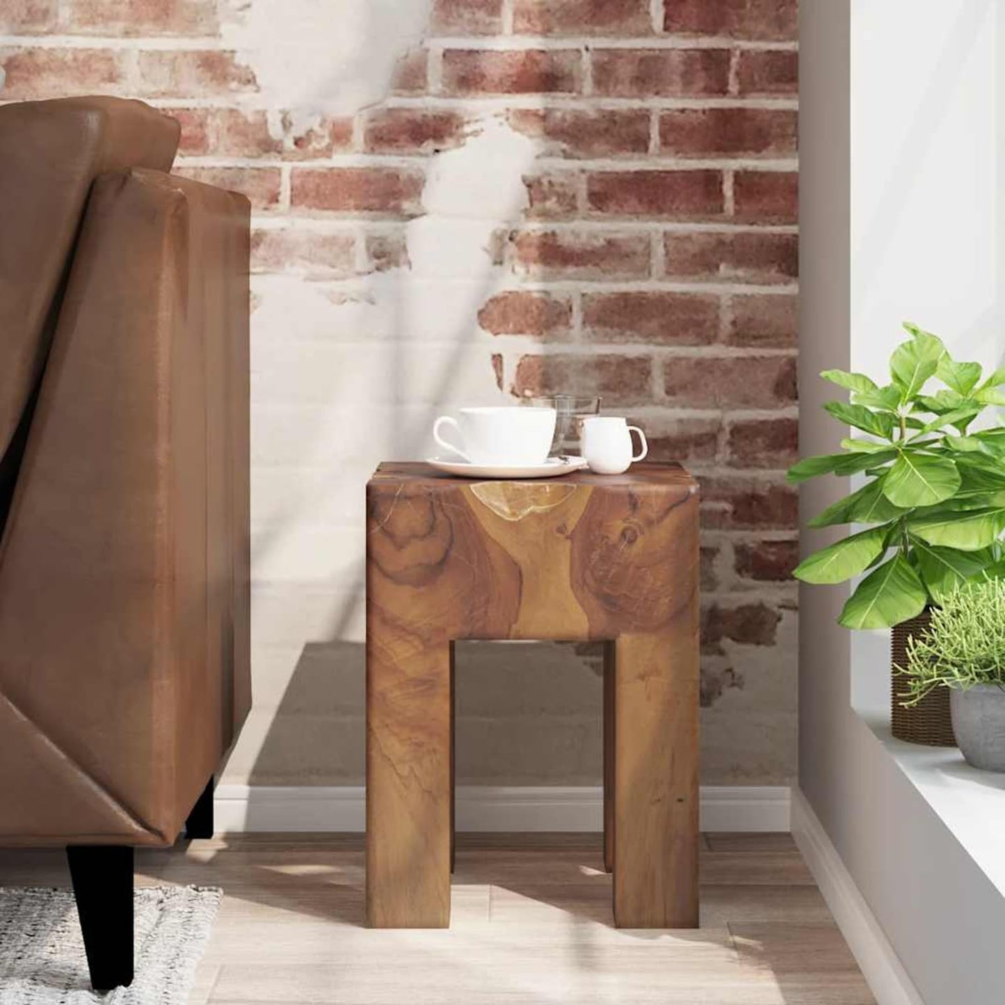 Gecheer Rustic Solid Teak Stool - Handmade Footrest/Side Table, Unique Design, 30x30x40 cm
