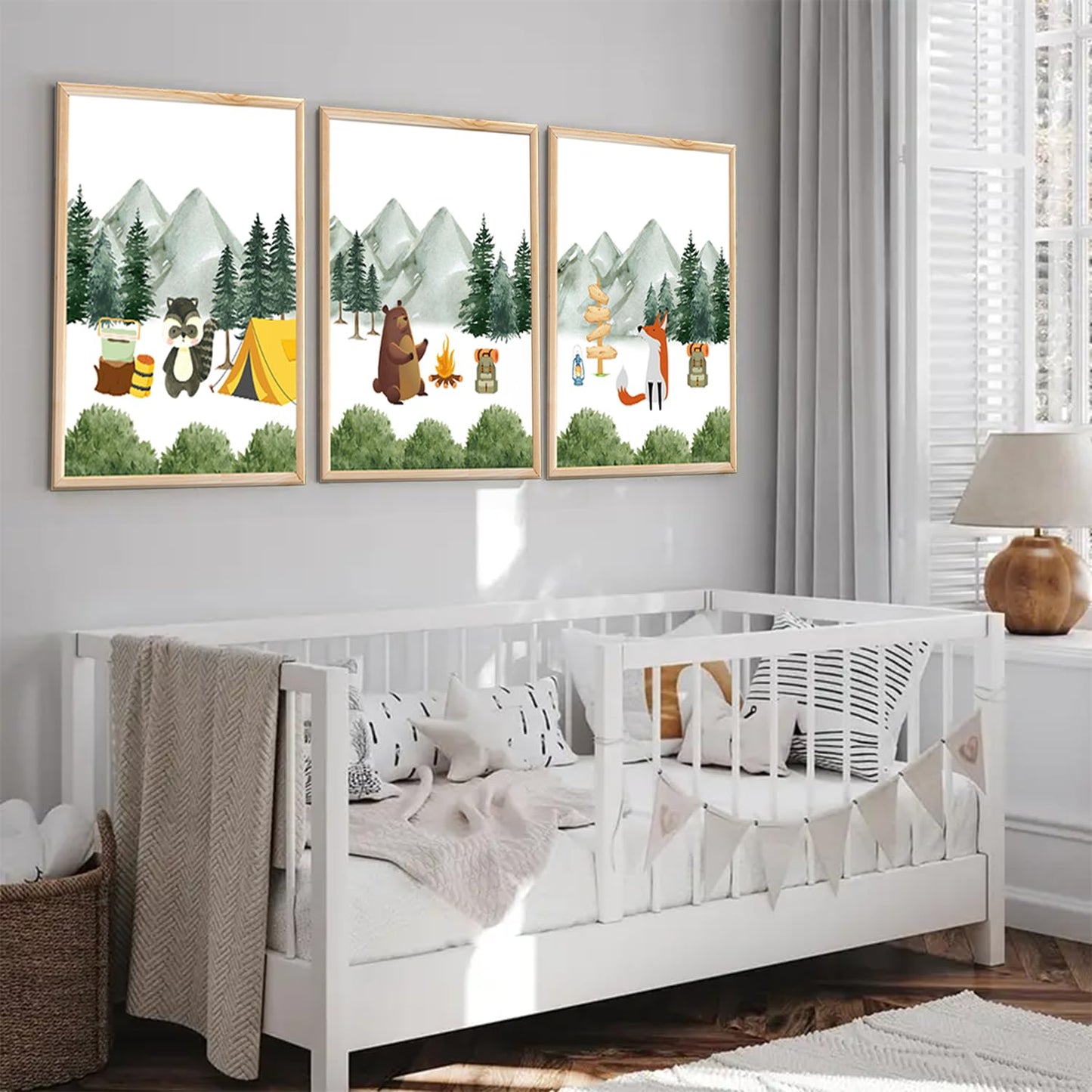 3Pcs Woodland Animal Nursery Canvas wall art Cute Bear Fox Raccoon Poster Print Safari Nursery Wall Decor Forest Animals Camping Campfire pictuer painting Boys Kids Room Home Decoration12*16In Unframed