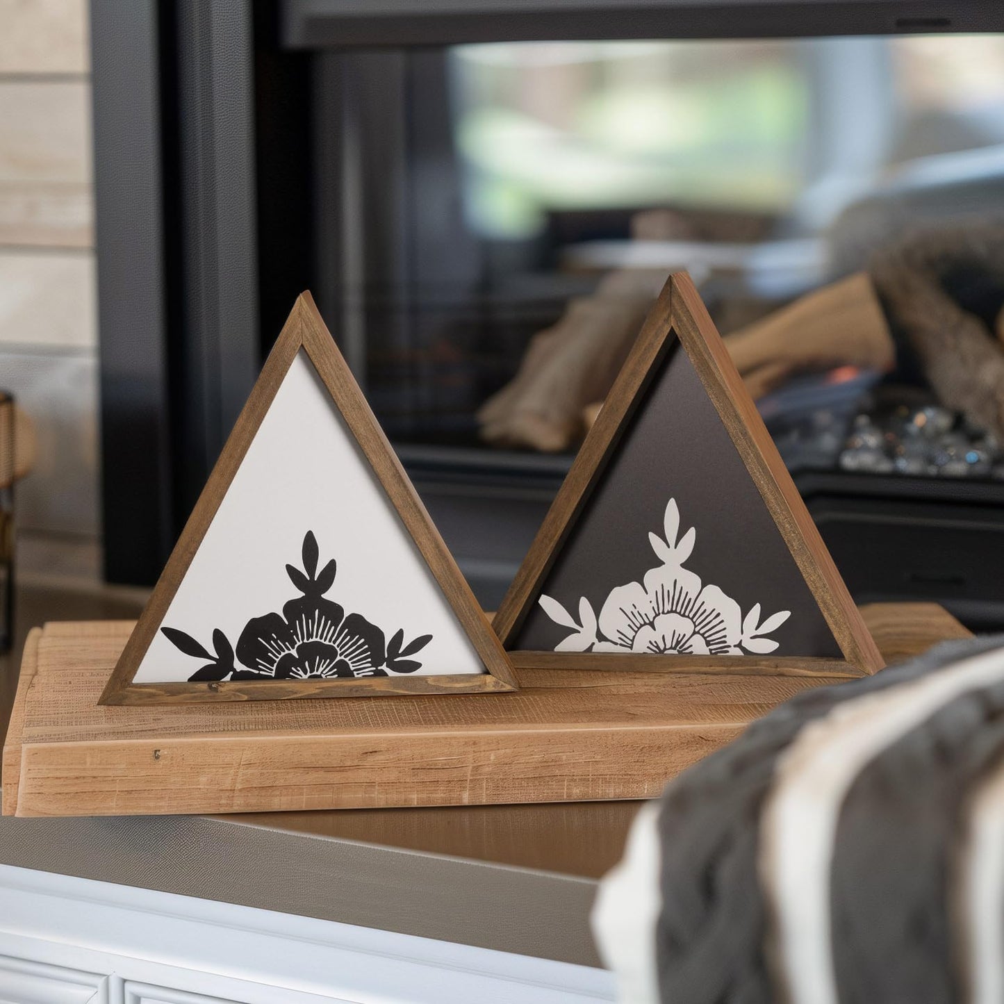 flangairy Floral Wall Decor Wooden Botanical Wall Art Framed Boho Wood Geometric Triangles Black White Bedroom Bathroom Room Home Decorations
