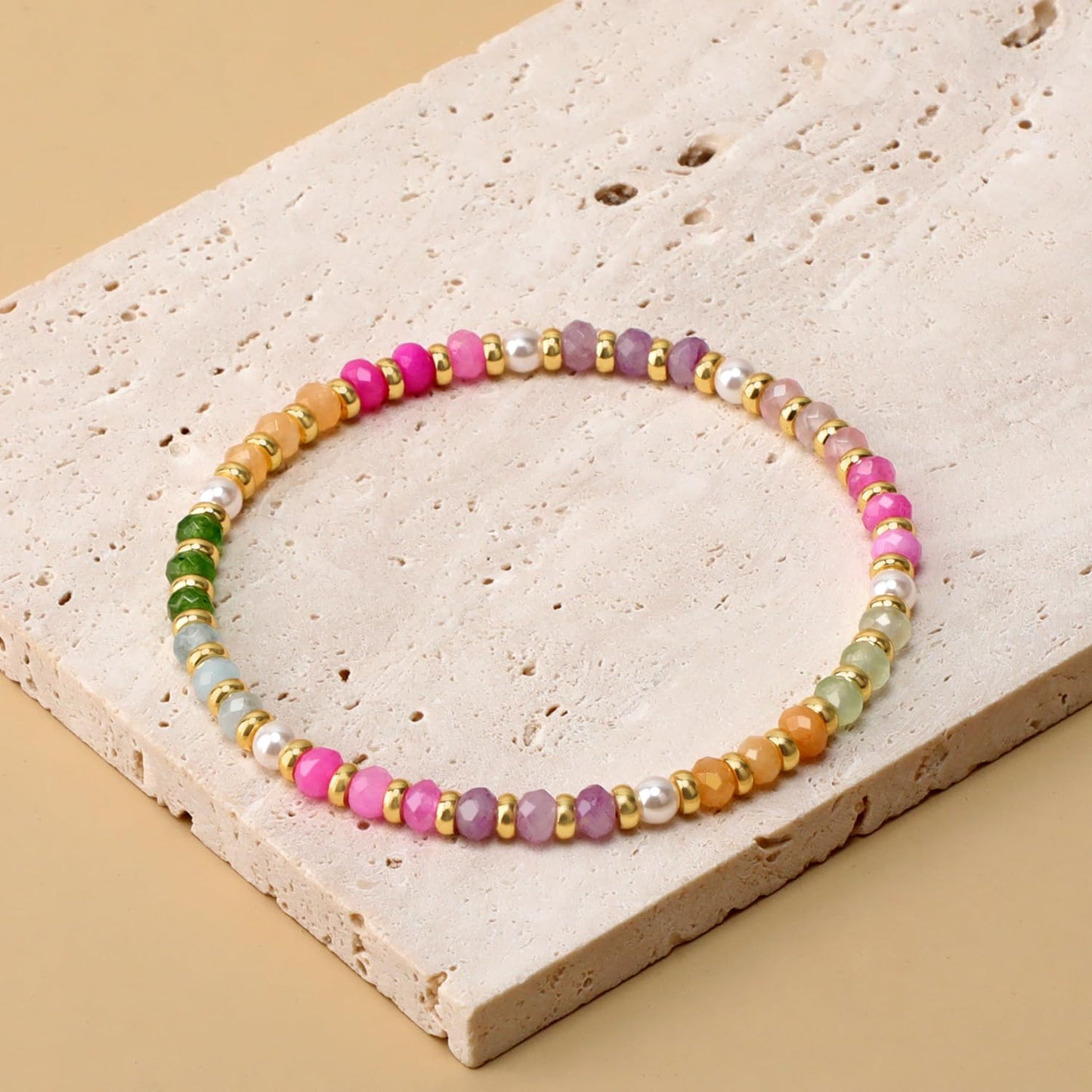 QOGIR Multicolor Beads - A Burst of Vibrant Energy - 14k Gold Plated Beads Natural Gemstone Stretch Elastic Dainty Healing Beaded Bracelets Gifts 2x4mm
