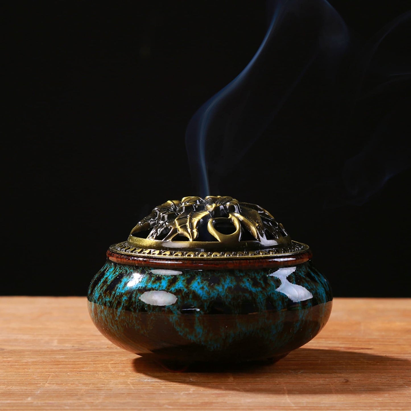 LamDawn Censer Sky Blue Incense Burner with Calabash Incense Stick Holder - Porcelain Charcoal Censer for Use with Resin Granular Powder Cone or Coil Incense (Blue Fambe)